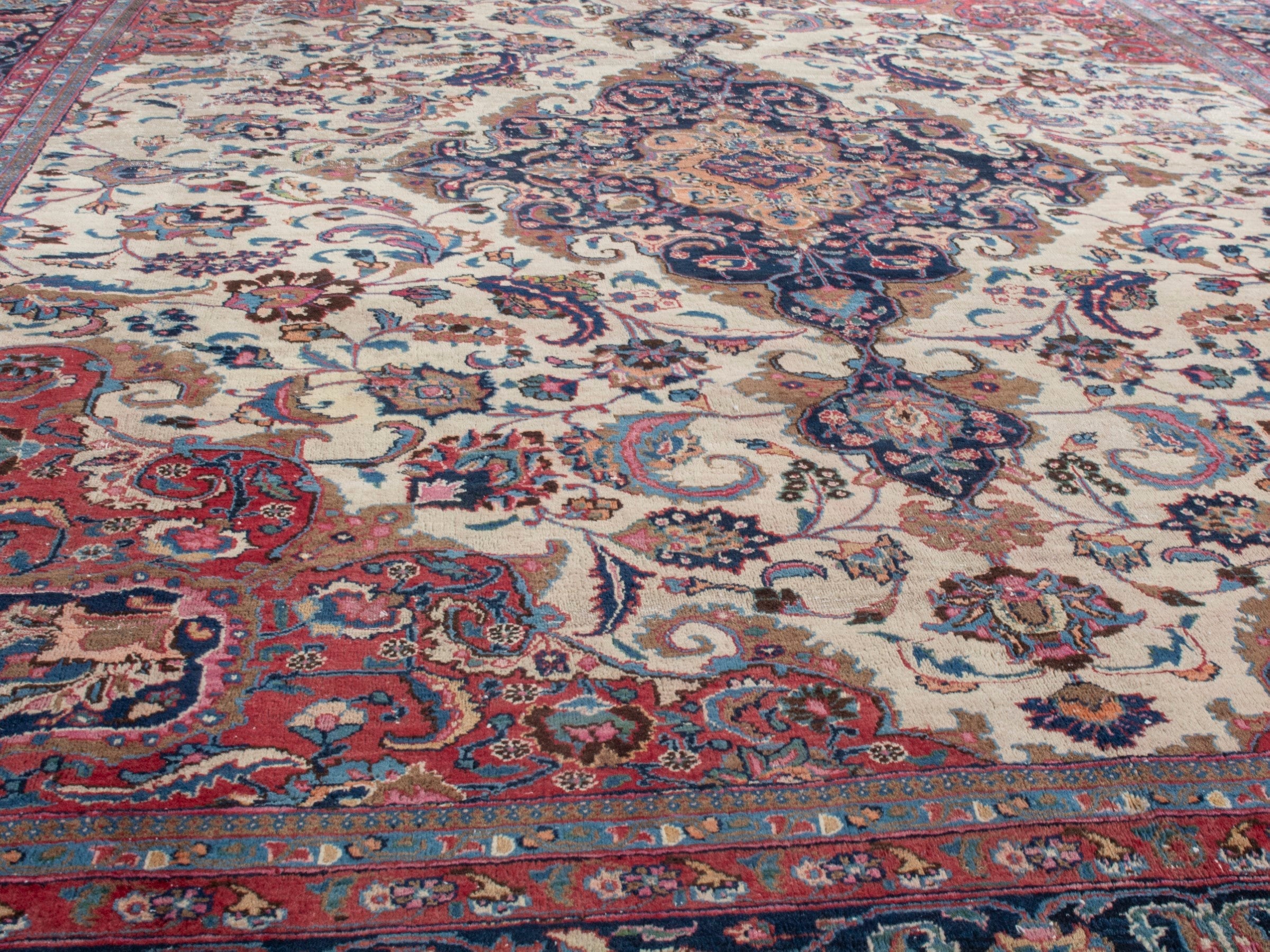 Persian Mashhad oversized rug in cream and burgundy, view 8 of 21