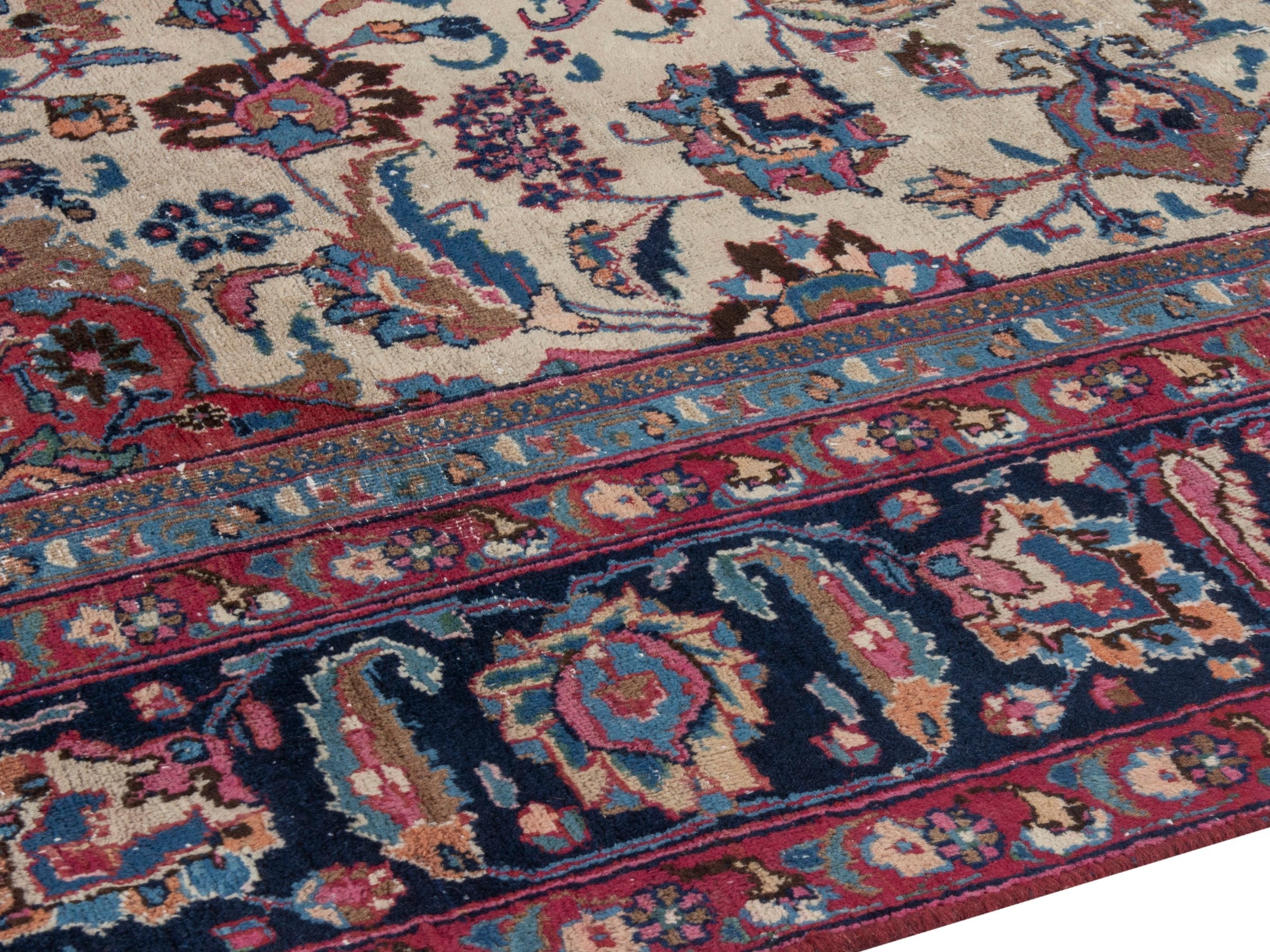 Persian Mashhad oversized rug in cream and burgundy, view 6 of 21