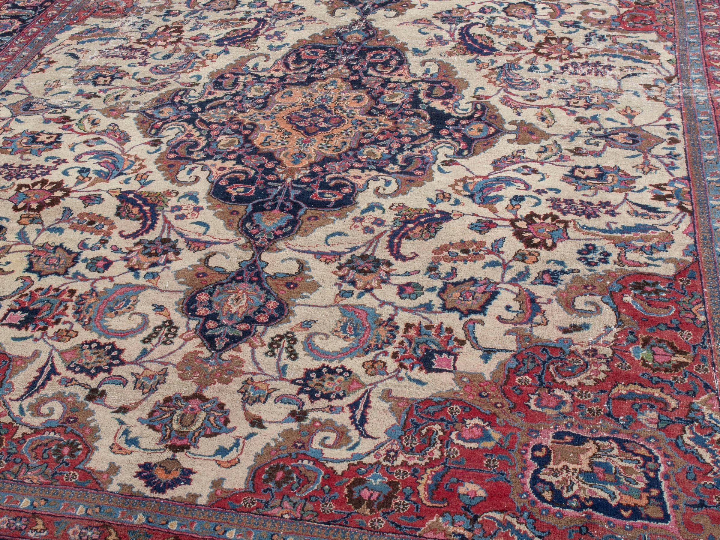 Persian Mashhad oversized rug in cream and burgundy, view 7 of 21