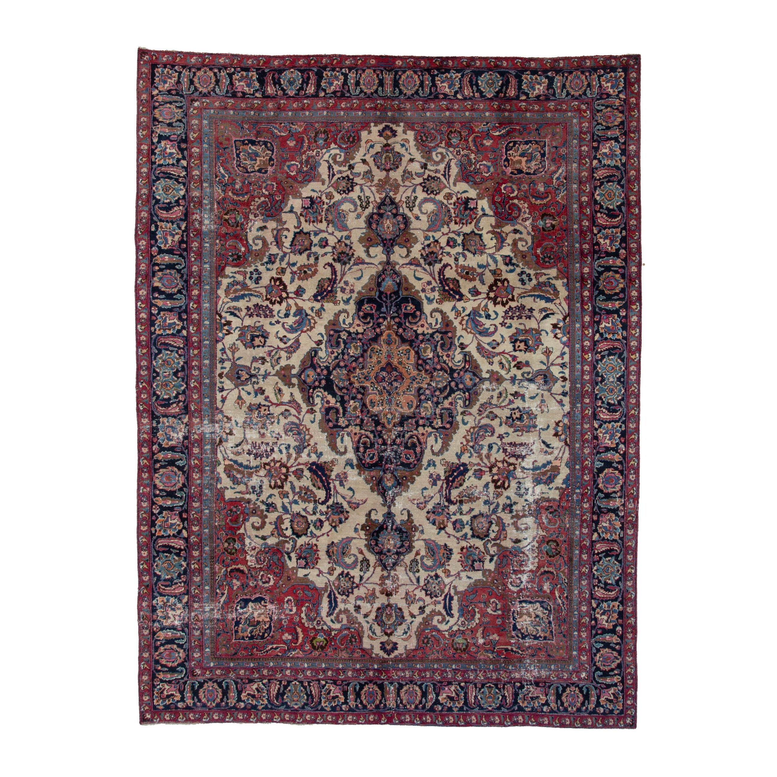 Persian Mashhad oversized rug in cream and burgundy, 9'3" x 12'3"