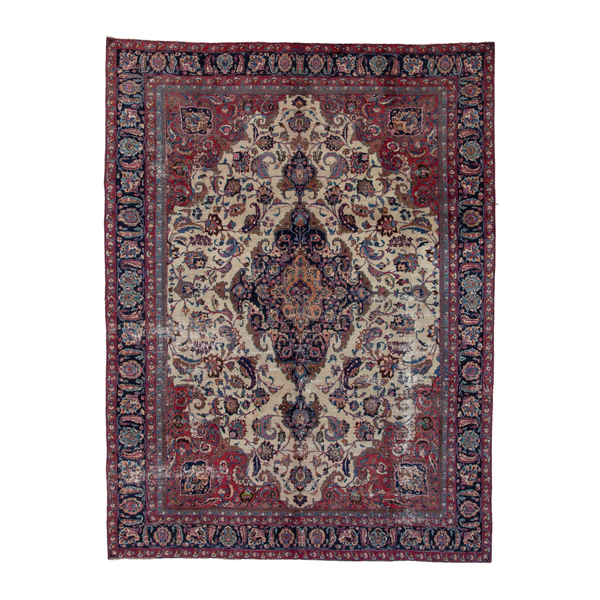 Persian Mashhad oversized rug in cream and burgundy, 9'3" x 12'3"