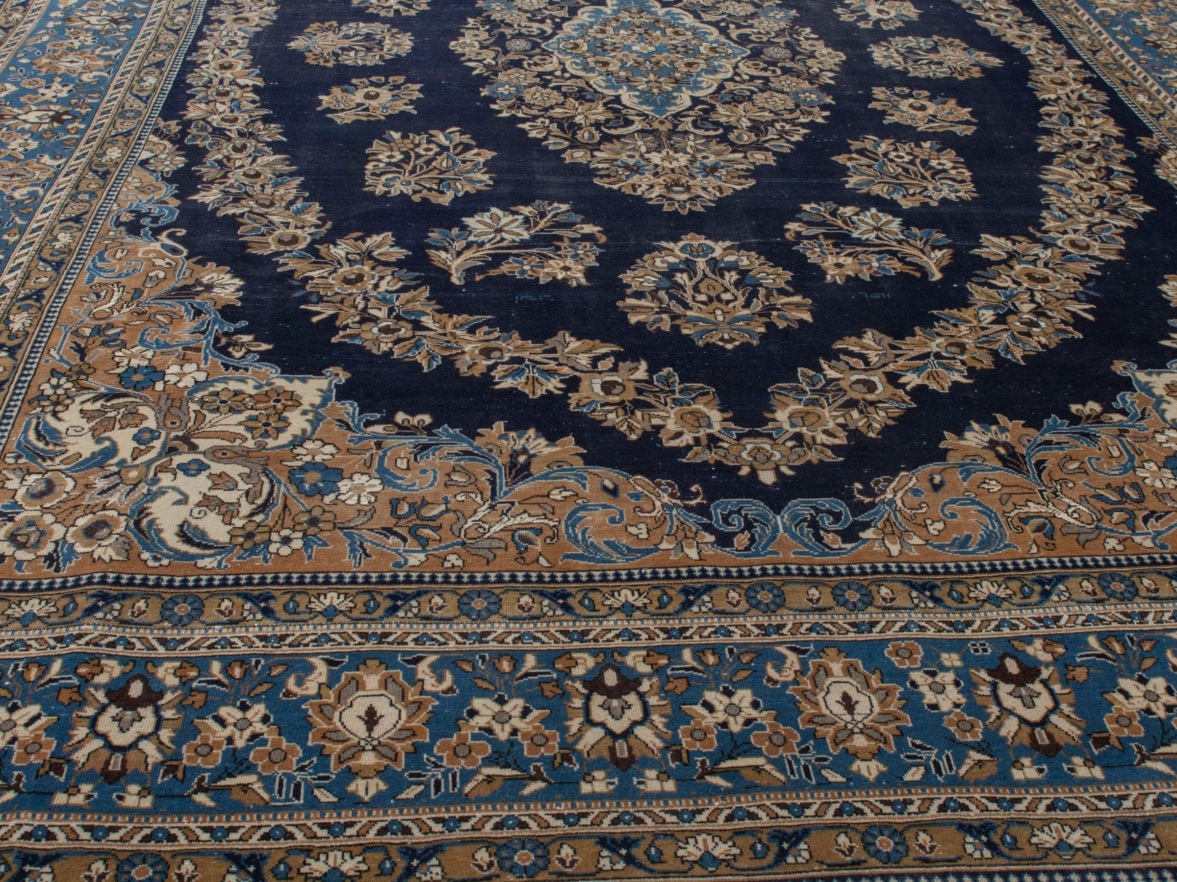 Persian Qom oversized rug in navy and cream, view 8 of 22