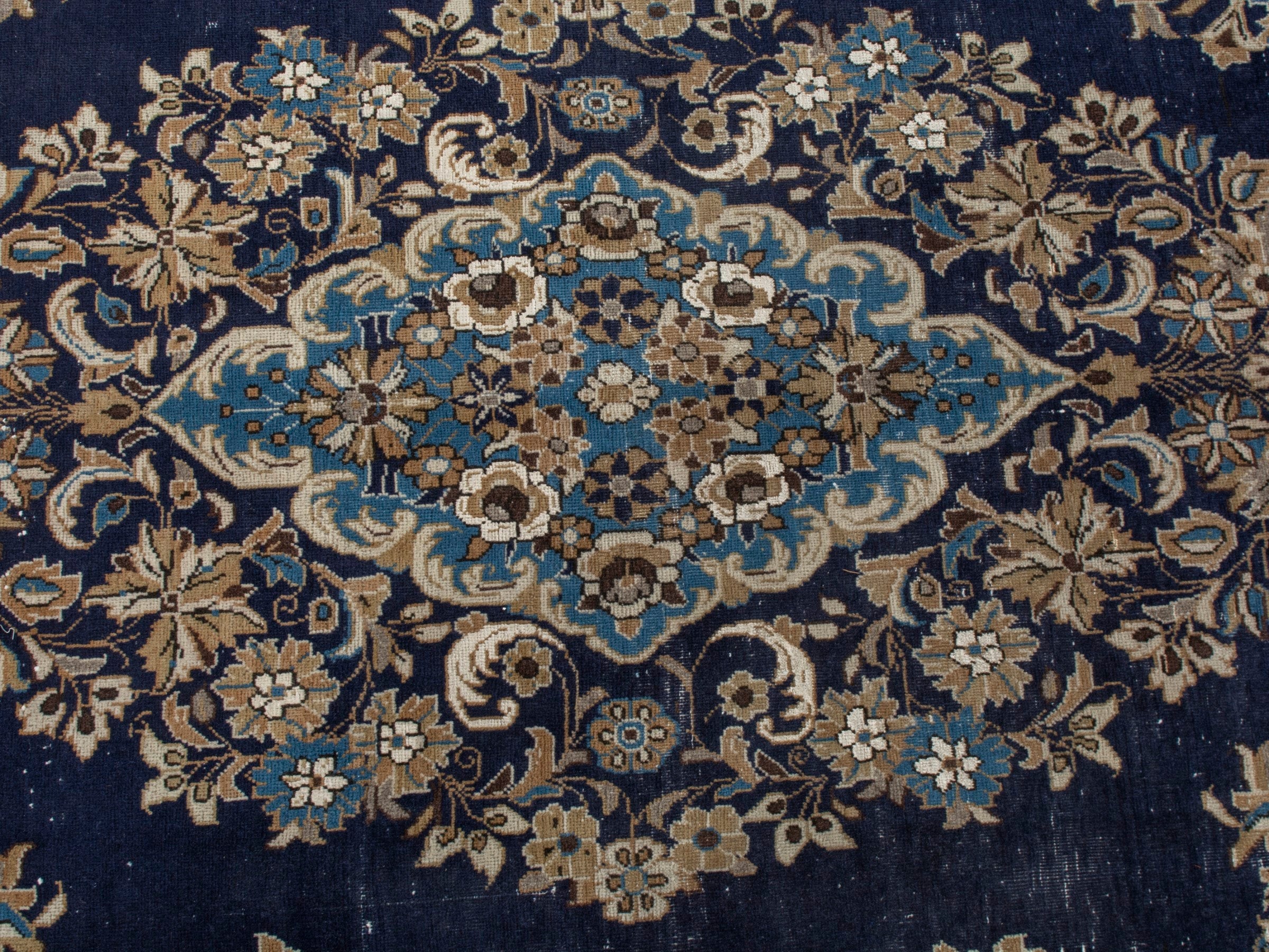 Persian Qom oversized rug in navy and cream, view 13 of 22