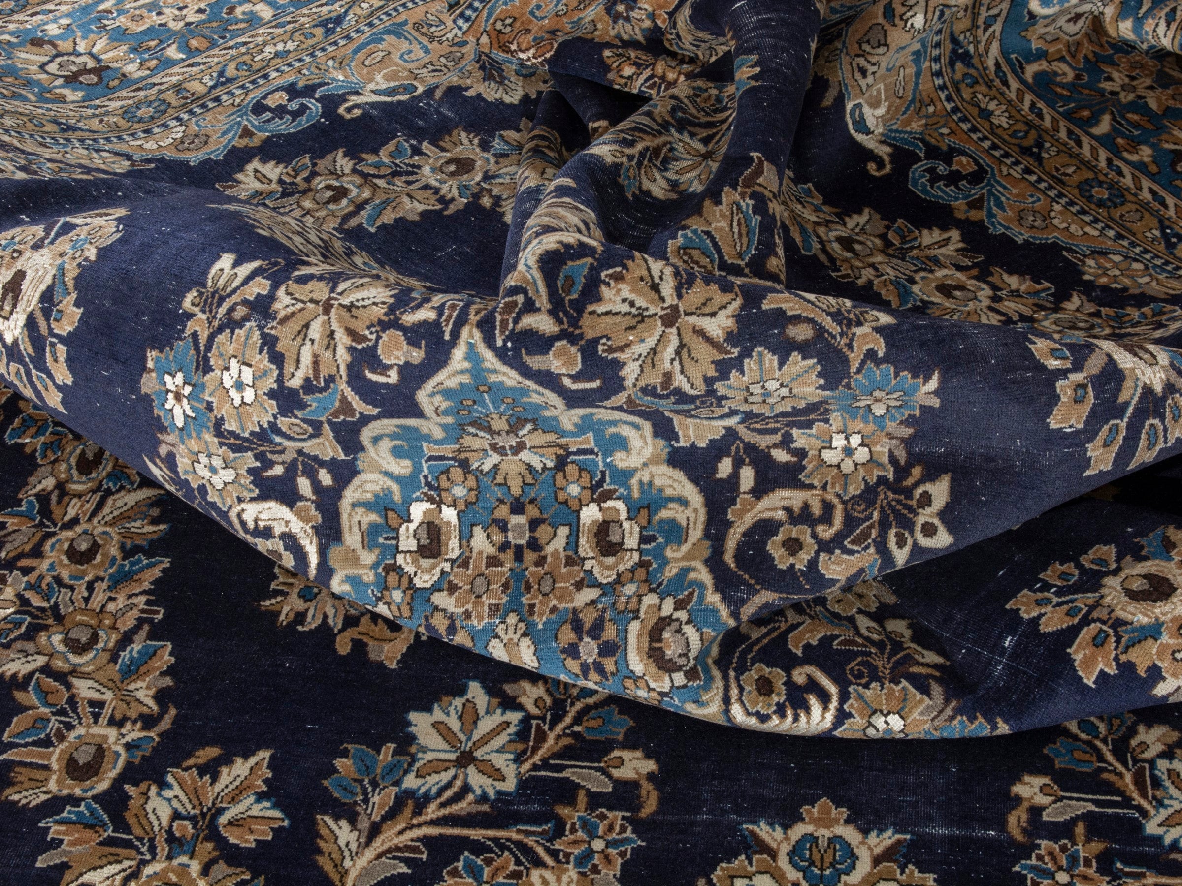Persian Qom oversized rug in navy and cream, view 18 of 22