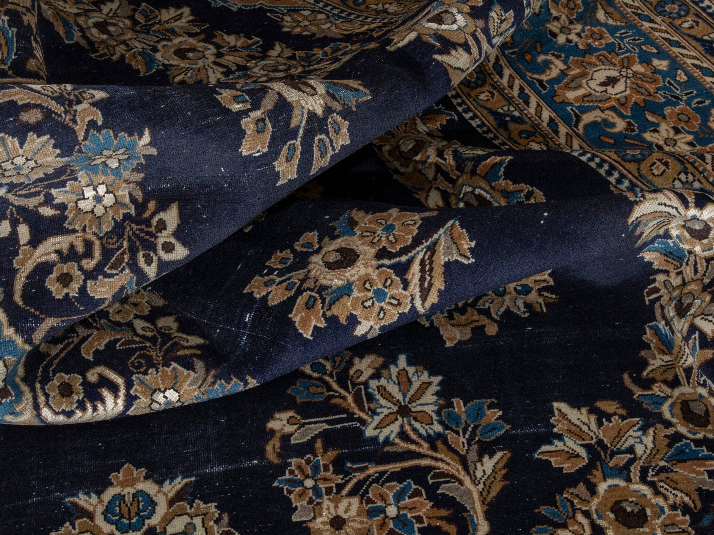 Persian Qom oversized rug in navy and cream, view 19 of 22
