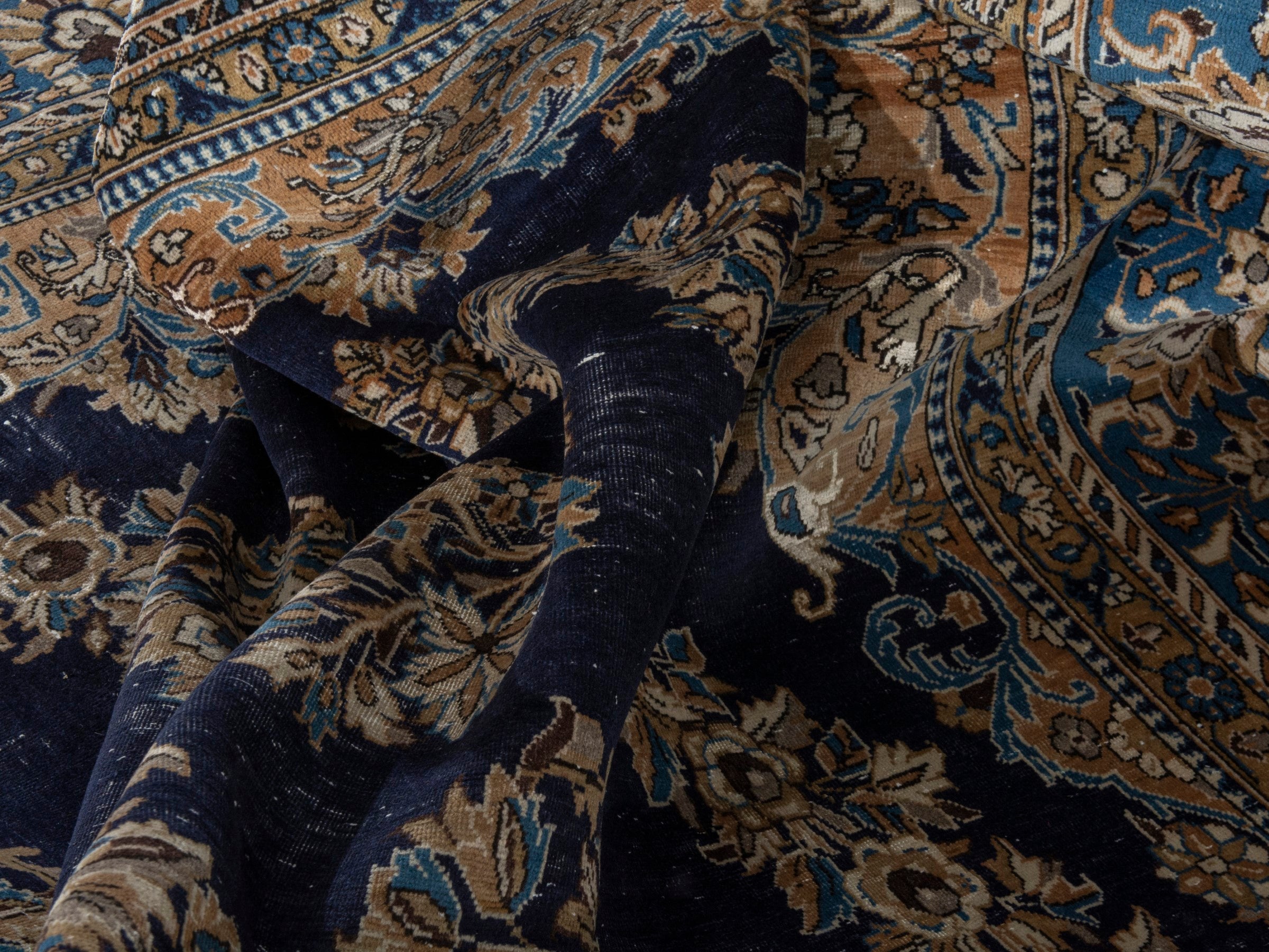 Persian Qom oversized rug in navy and cream, view 20 of 22
