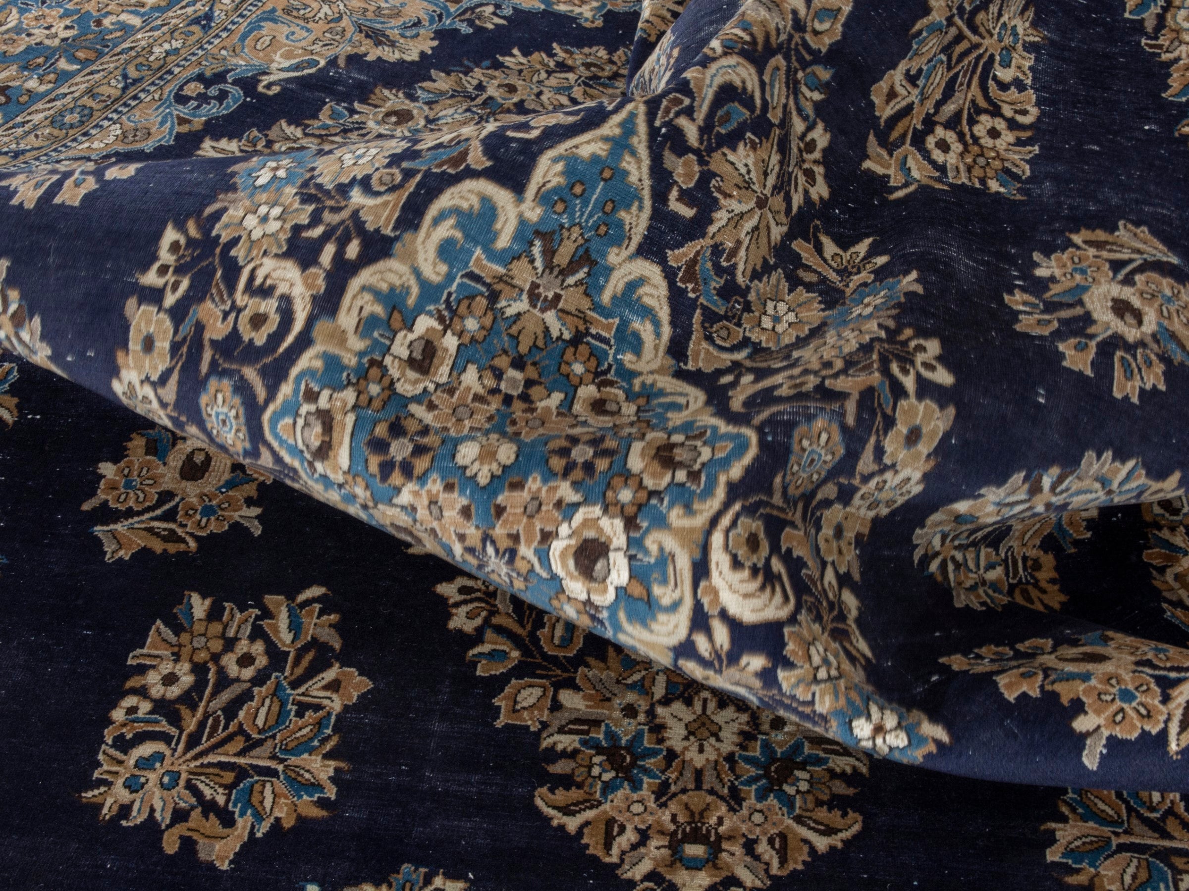 Persian Qom oversized rug in navy and cream, view 21 of 22