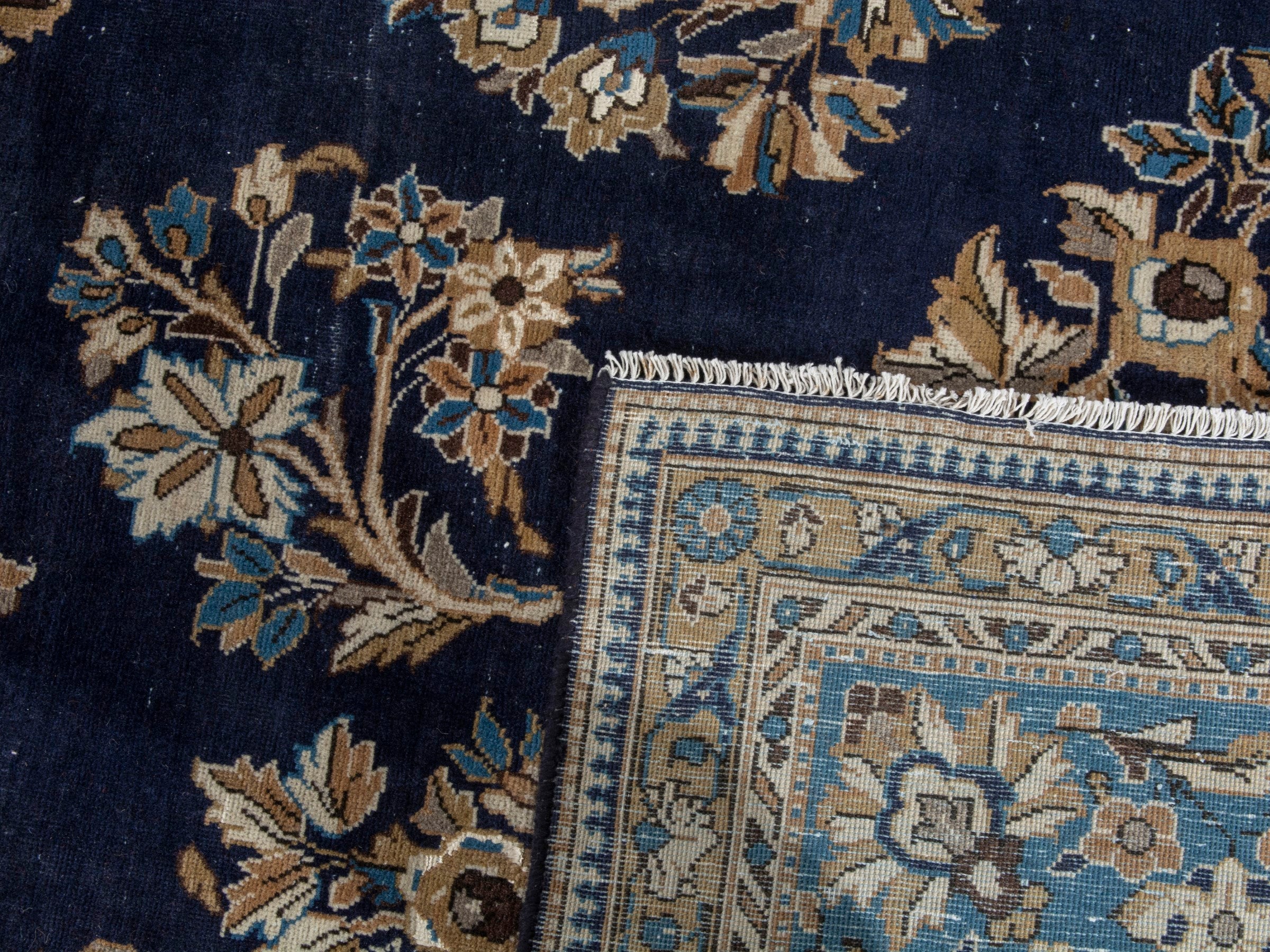 Persian Qom oversized rug in navy and cream, view 22 of 22
