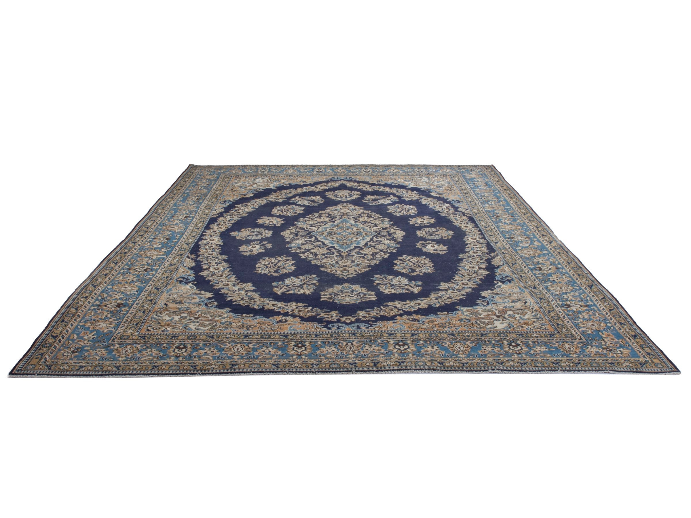 Persian Qom oversized rug in navy and cream, view 2 of 22