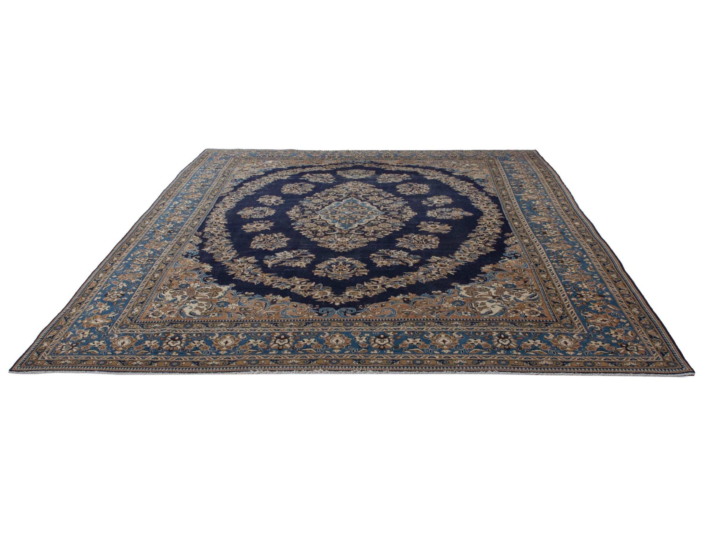 Persian Qom oversized rug in navy and cream, view 3 of 22