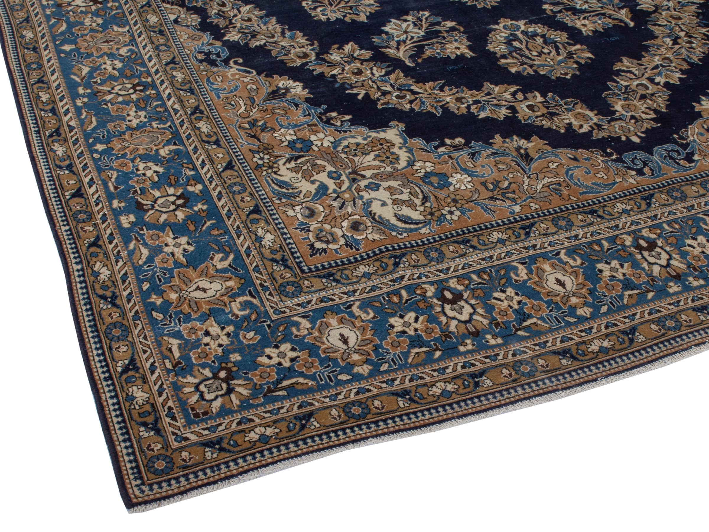 Persian Qom oversized rug in navy and cream, view 5 of 22