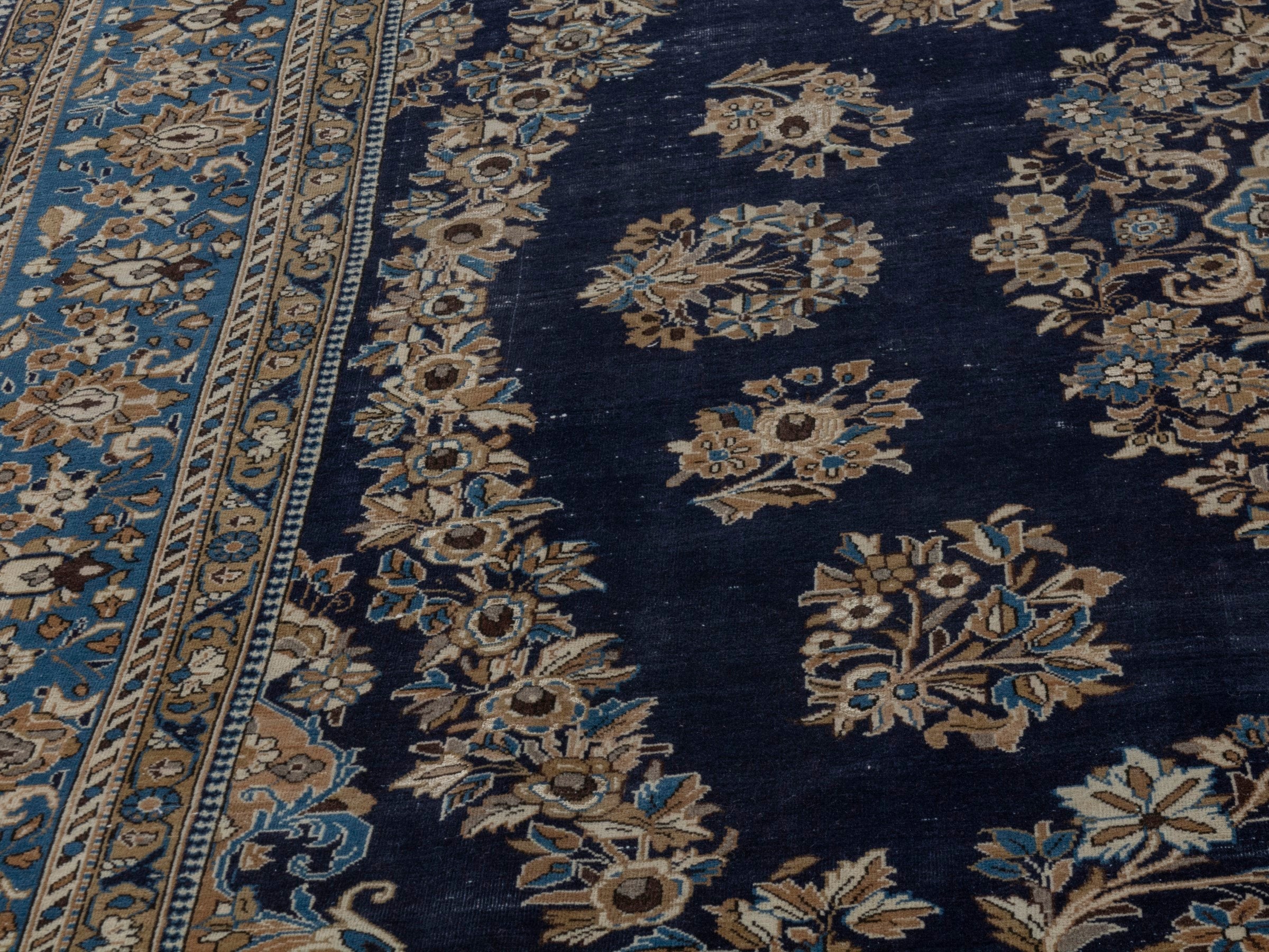 Persian Qom oversized rug in navy and cream, view 9 of 22