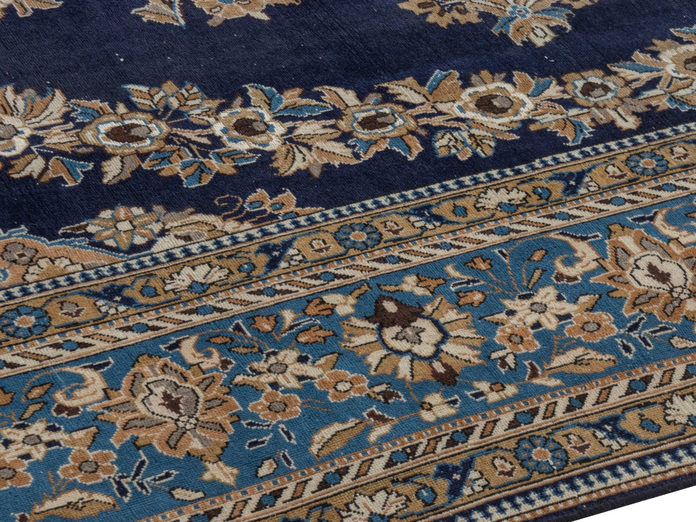 Persian Qom oversized rug in navy and cream, view 6 of 22