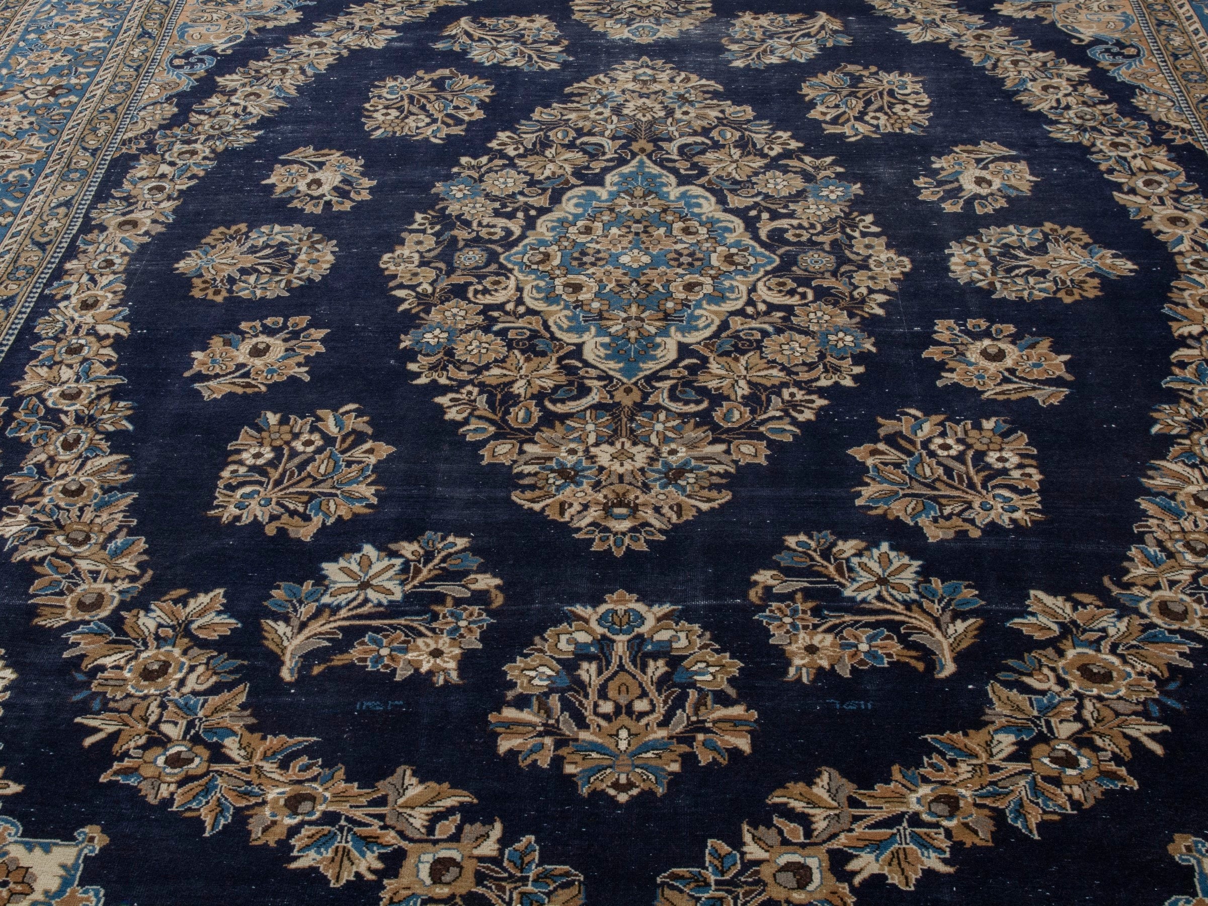 Persian Qom oversized rug in navy and cream, view 7 of 22
