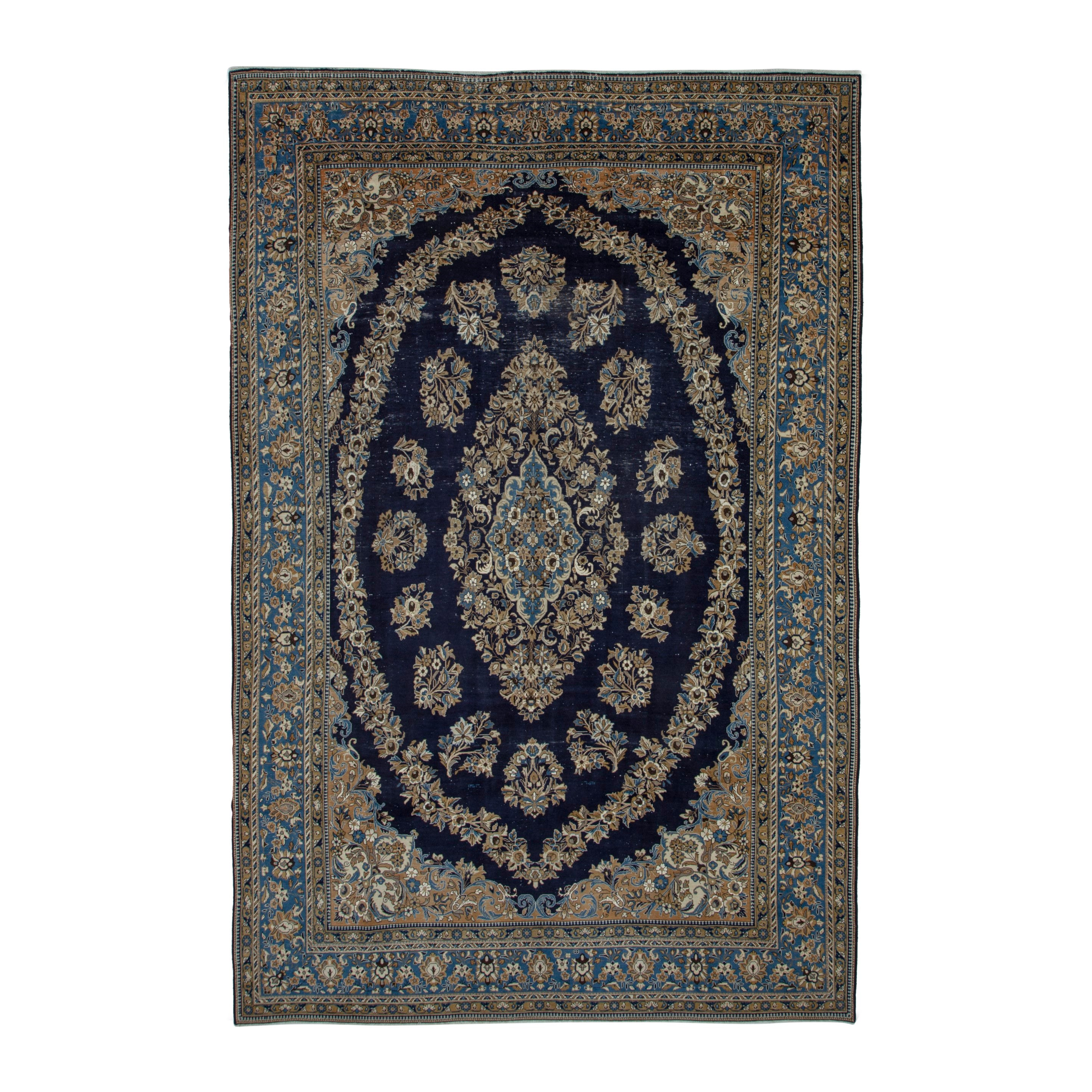 Persian Qom oversized rug in navy and cream, 9'1" x 13'9"