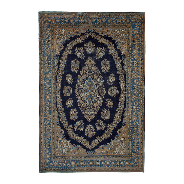 Persian Qom oversized rug in navy and cream, 9'1" x 13'9"