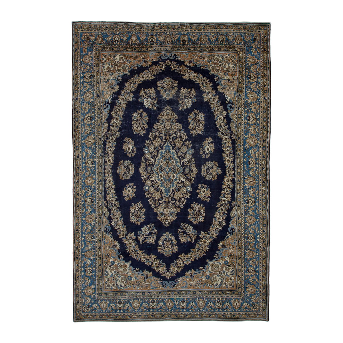 Persian Qom oversized rug in navy and cream, 9'1" x 13'9"