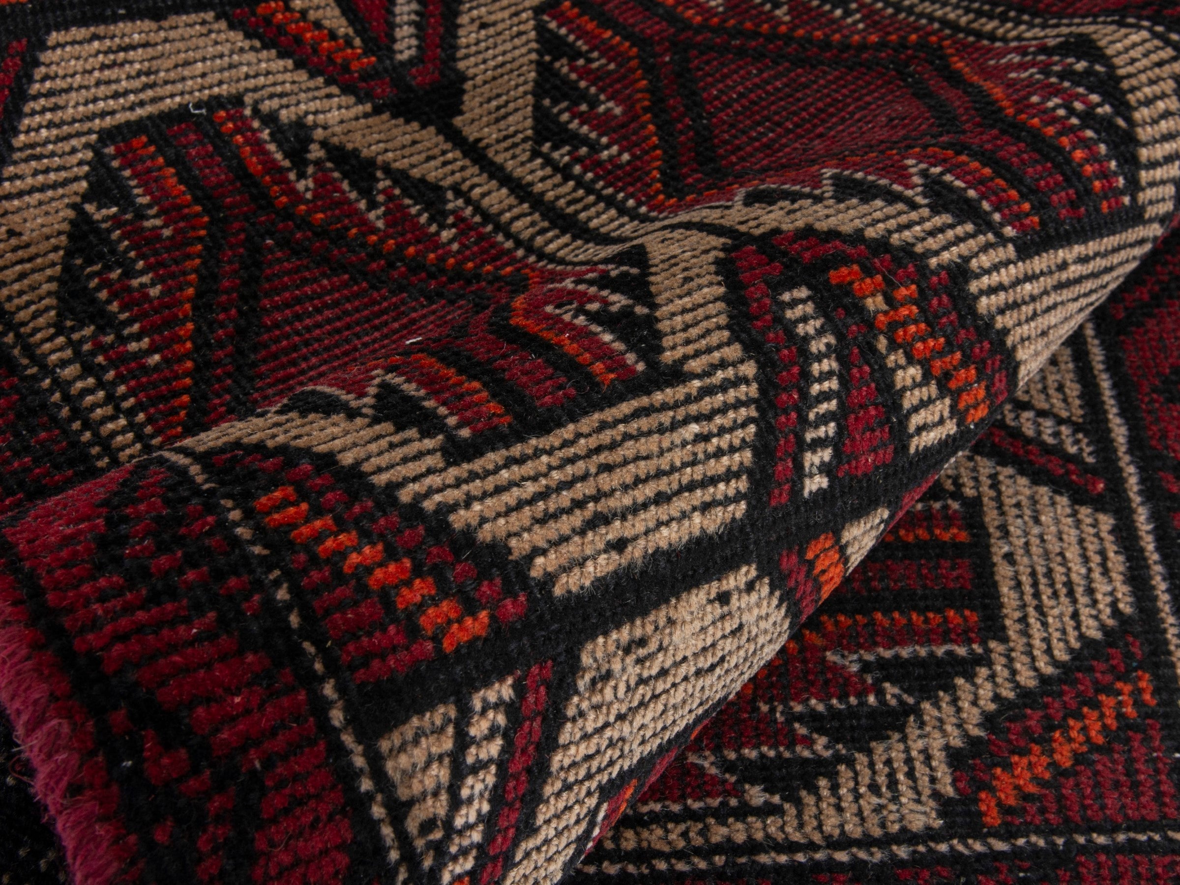 Persian Baluch runner rug in burgundy and cream, view 17 of 18