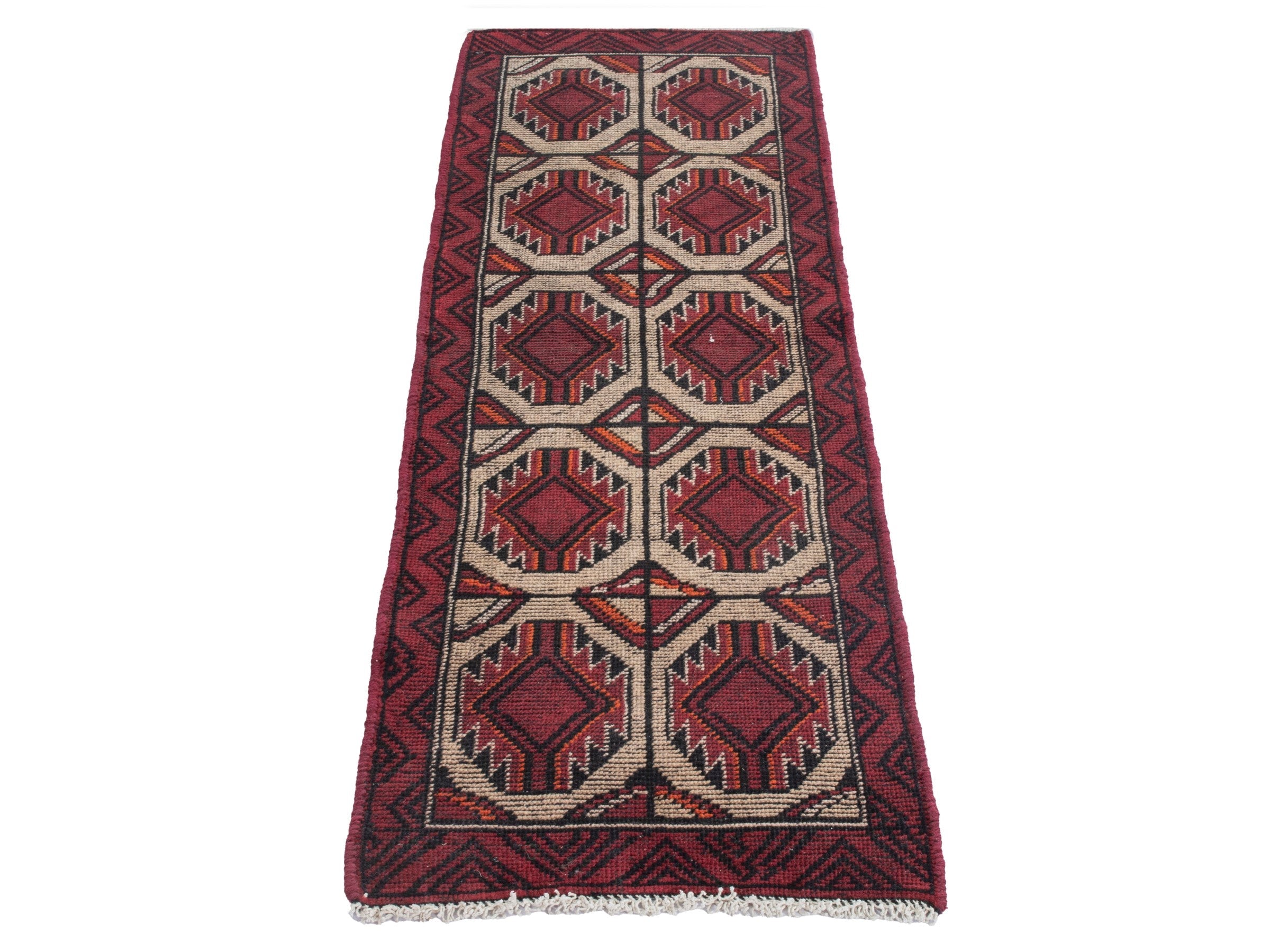 Persian Baluch runner rug in burgundy and cream, view 2 of 18