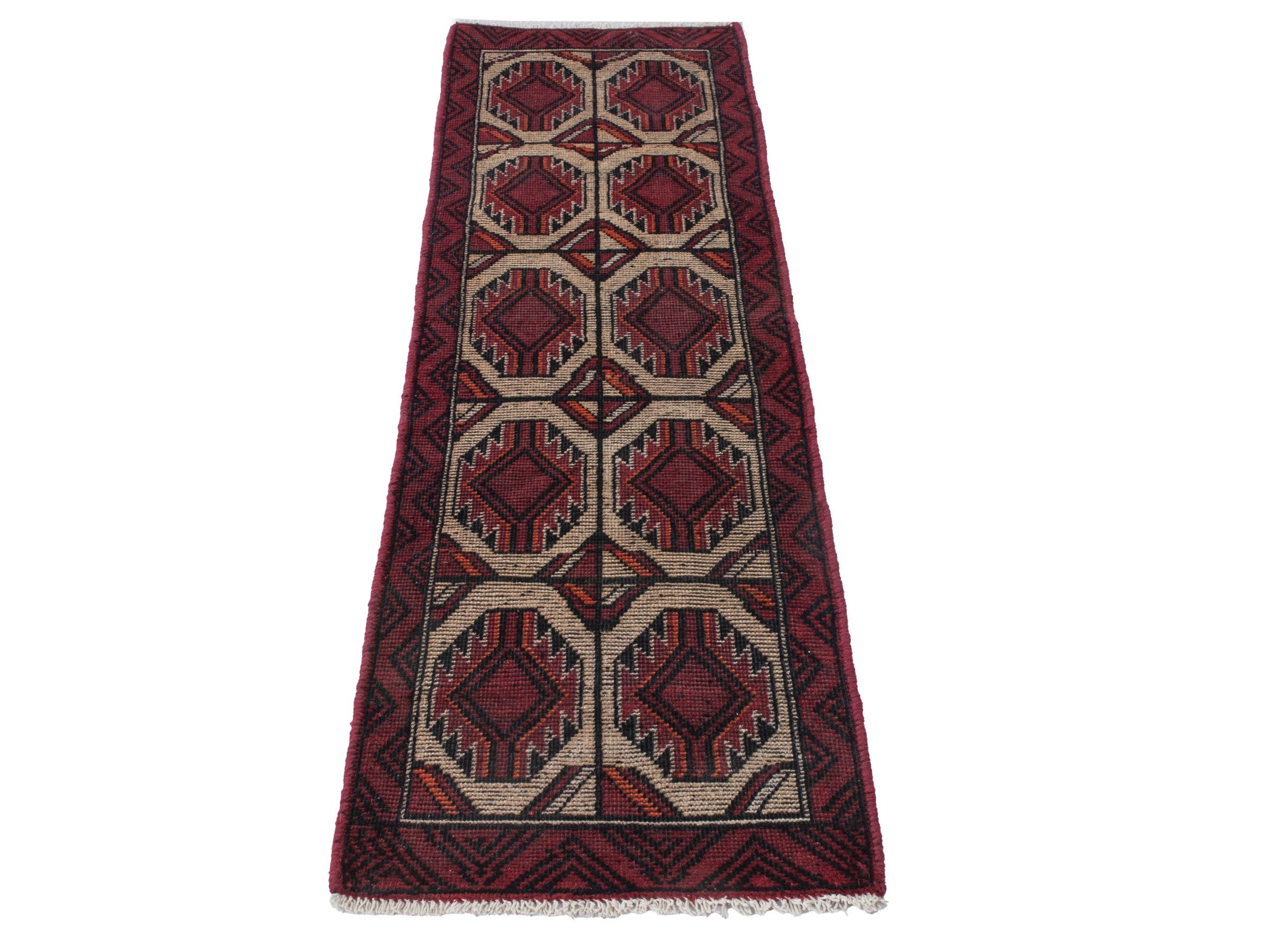 Persian Baluch runner rug in burgundy and cream, view 3 of 18