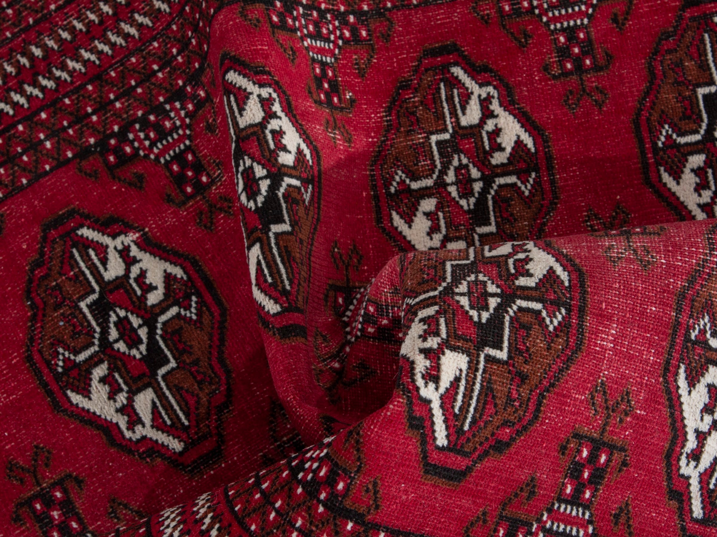 Persian Torkaman accent rug in burgundy and cream, view 16 of 17