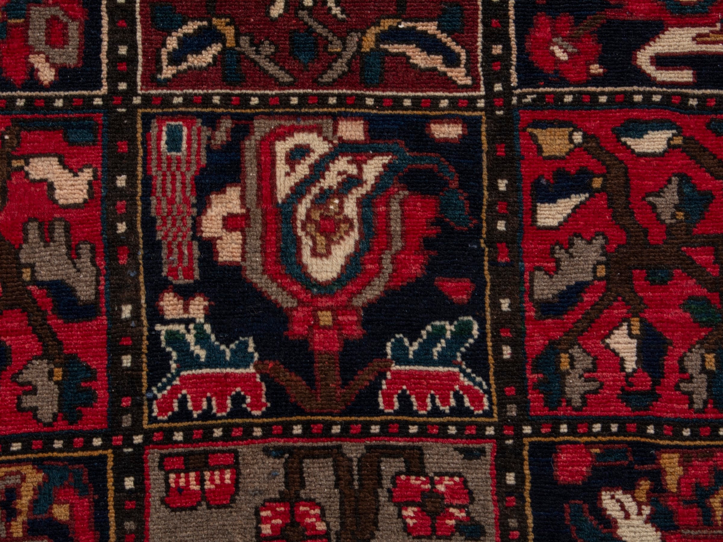 Persian Bakhtiari accent rug in deep red and navy, view 11 of 19