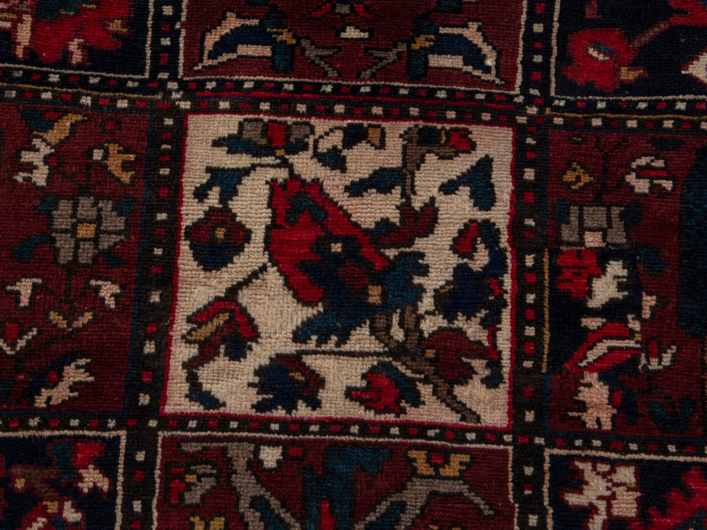 Persian Bakhtiari accent rug in deep red and navy, view 12 of 19
