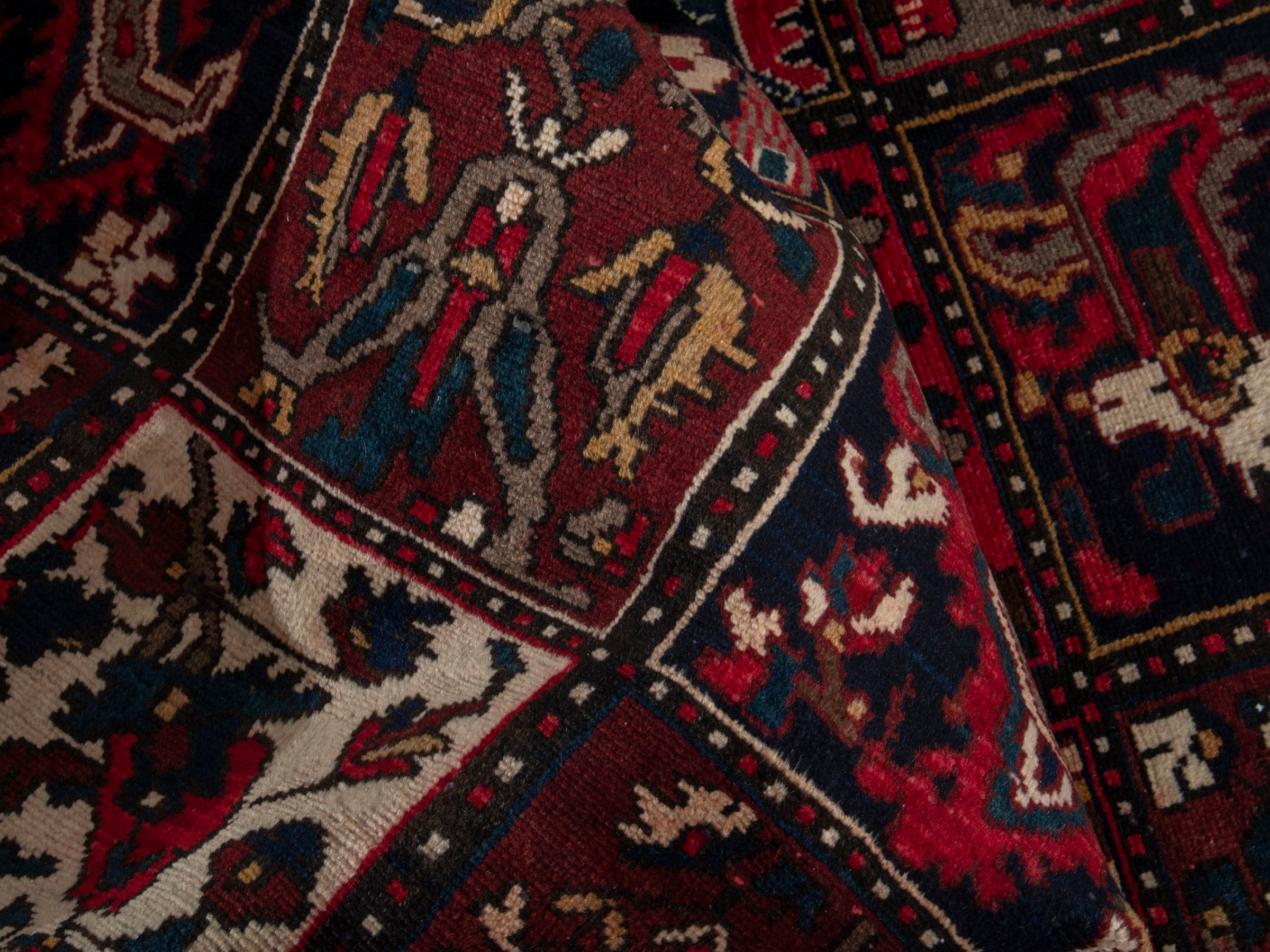 Persian Bakhtiari accent rug in deep red and navy, view 16 of 19