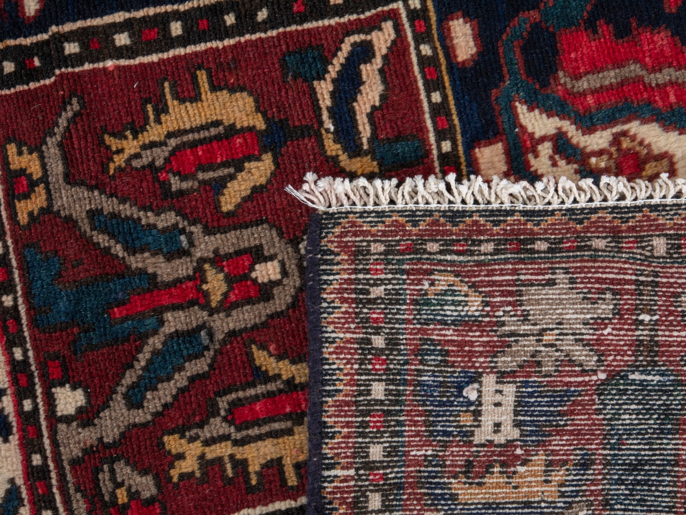 Persian Bakhtiari accent rug in deep red and navy, view 19 of 19