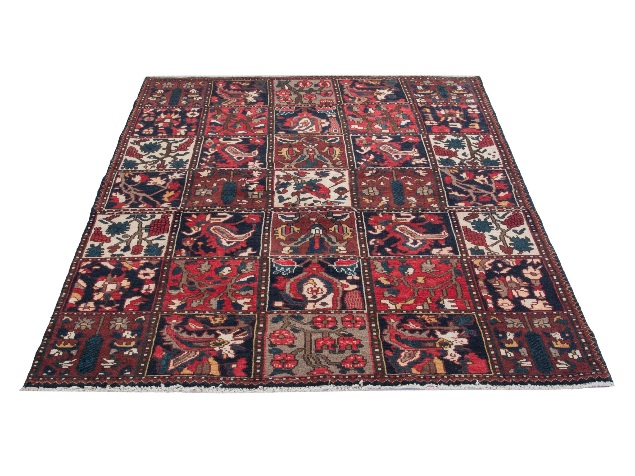 Persian Bakhtiari accent rug in deep red and navy, view 2 of 19