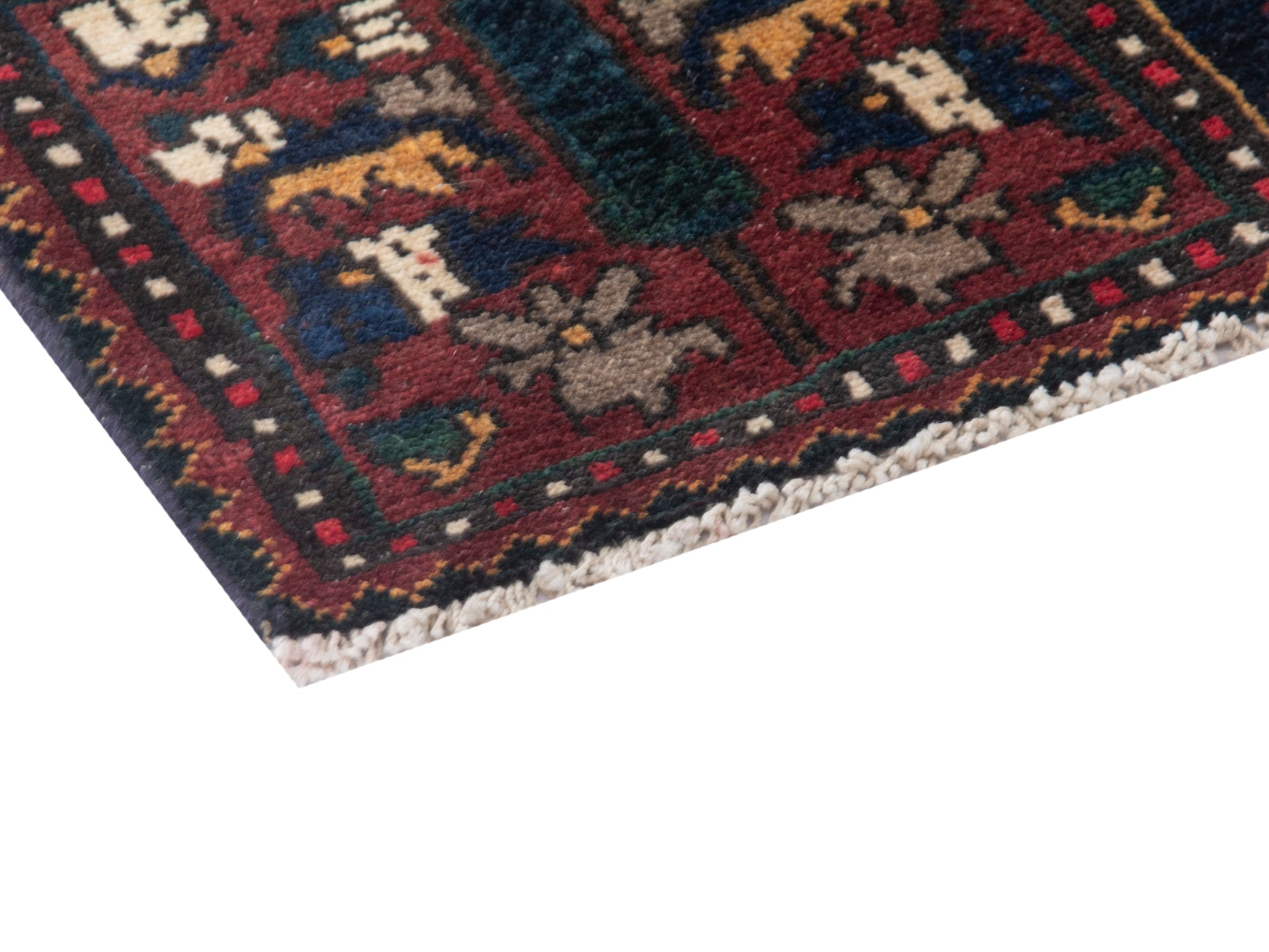 Persian Bakhtiari accent rug in deep red and navy, view 5 of 19