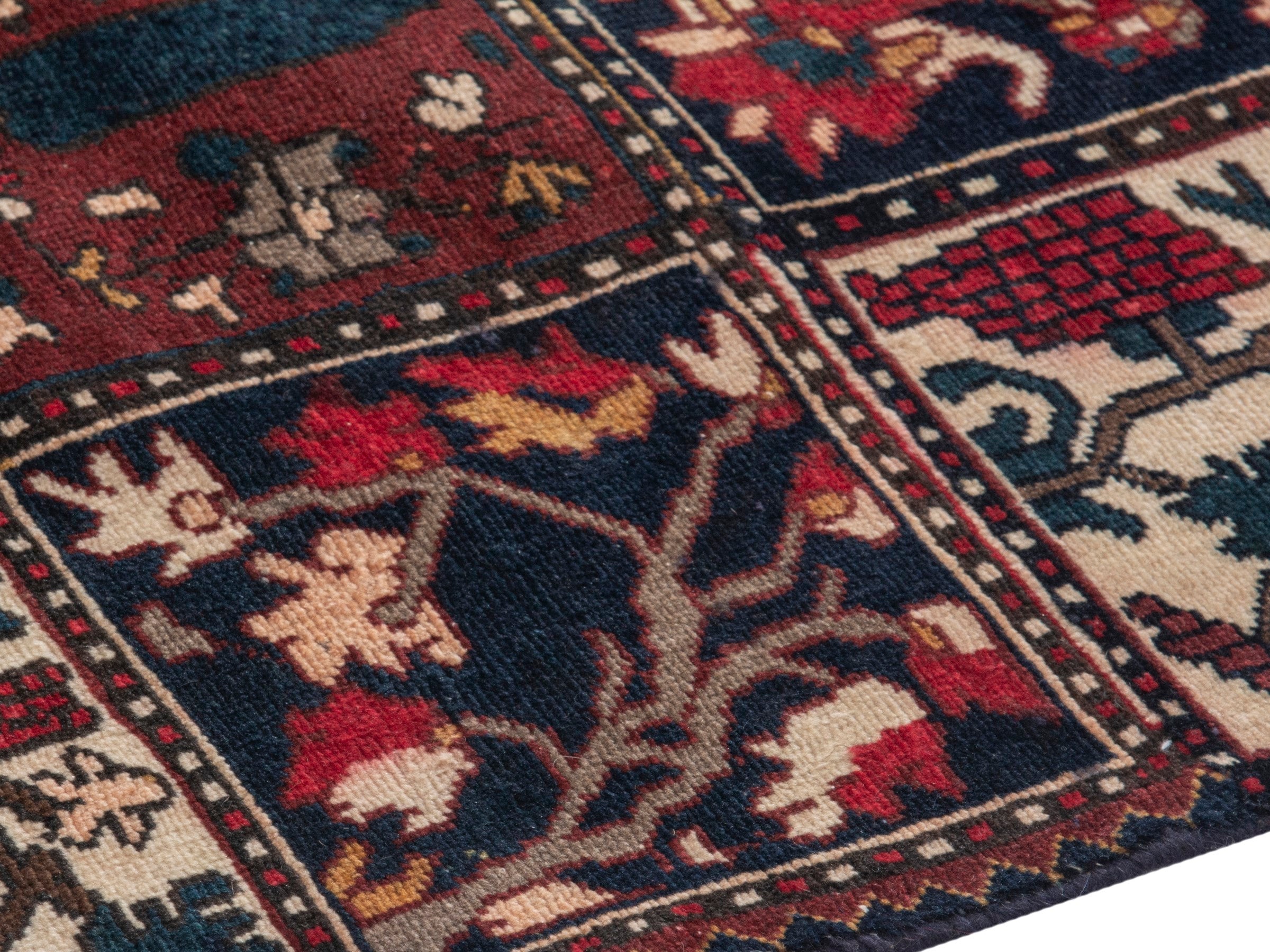 Persian Bakhtiari accent rug in deep red and navy, view 6 of 19