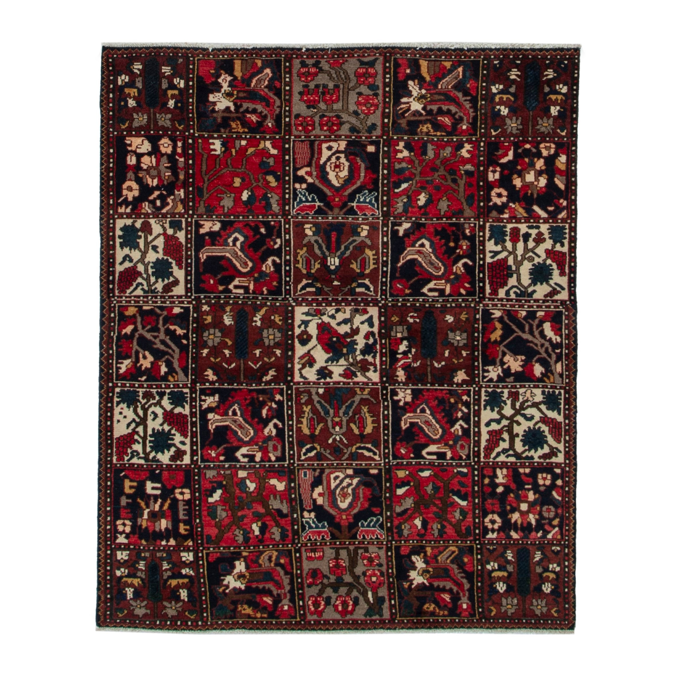 Persian Bakhtiari accent rug in deep red and navy, 4'7" x 5'10"