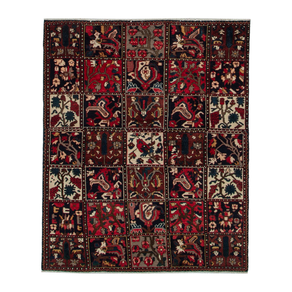 Persian Bakhtiari accent rug in deep red and navy, 4'7" x 5'10"