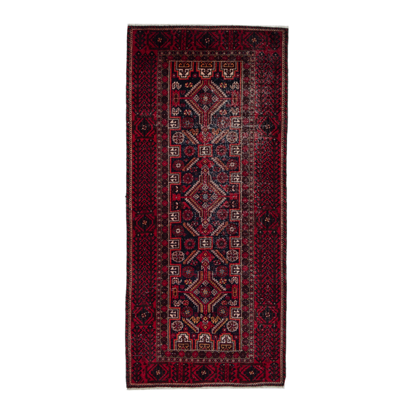 Persian Baluch runner rug in burgundy and deep red, 3'3" x 7'1"