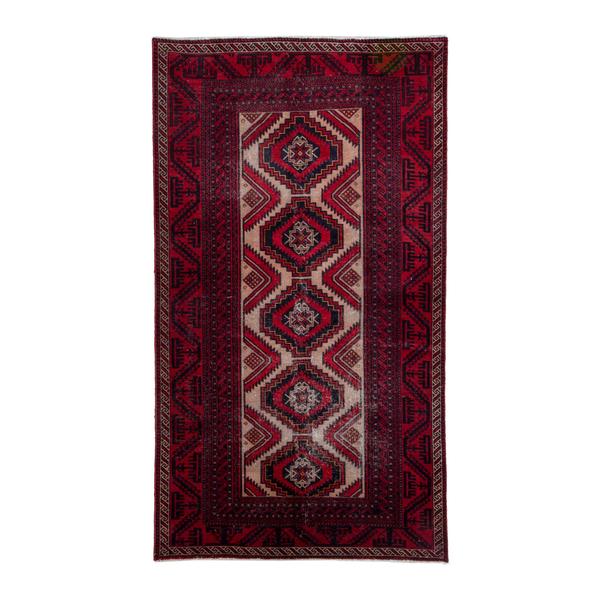 Persian Baluch area rug in deep red and burgundy, 4'2" x 7'3"