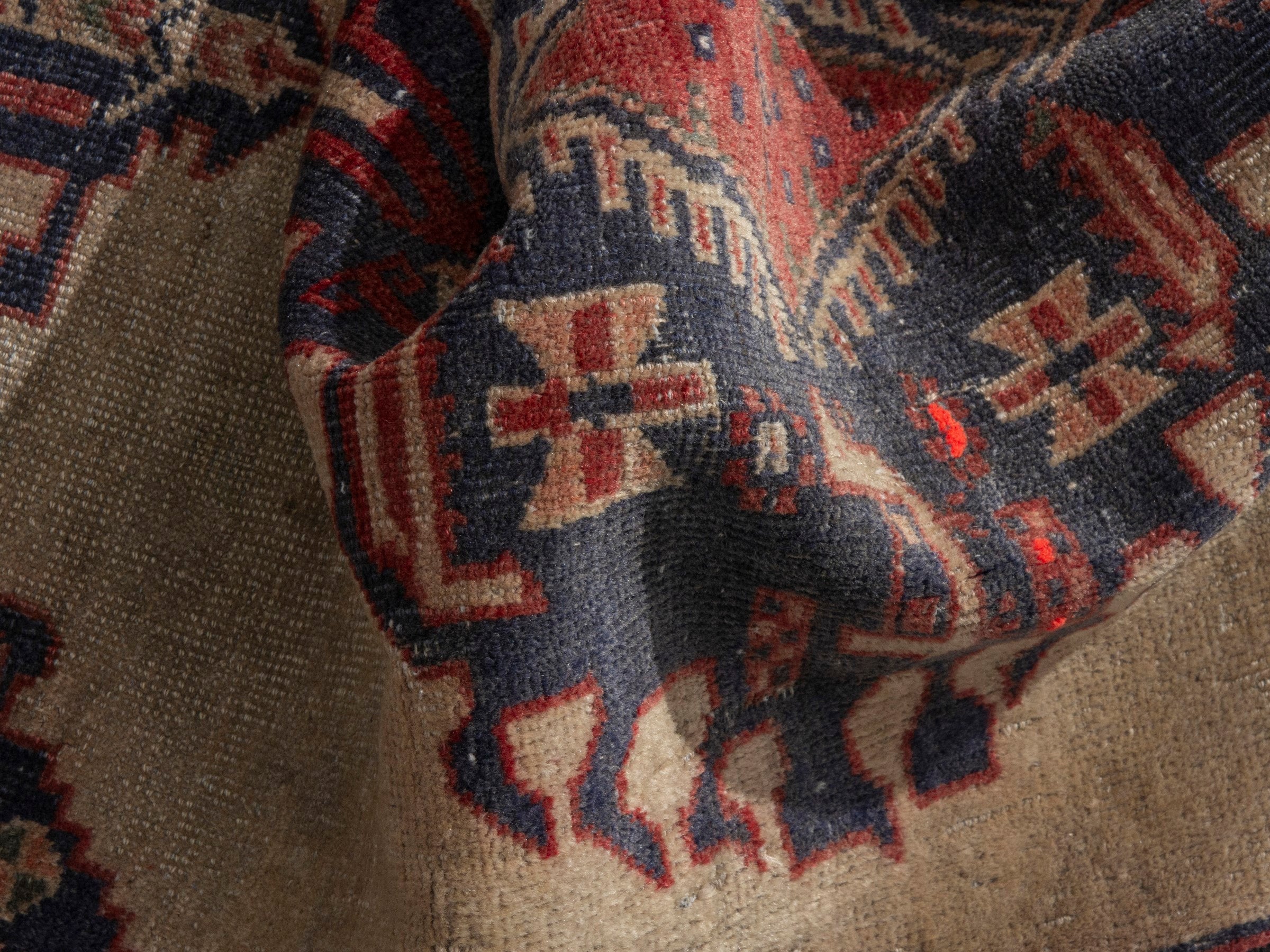 Persian Torkaman accent rug in cream and navy, view 12 of 17
