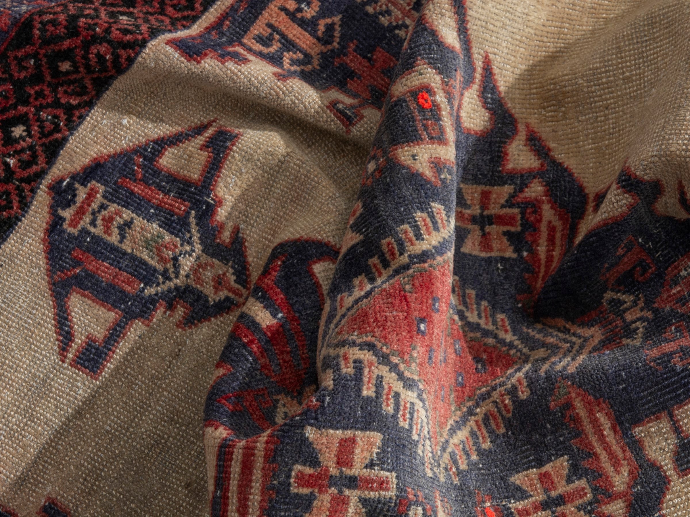Persian Torkaman accent rug in cream and navy, view 15 of 17