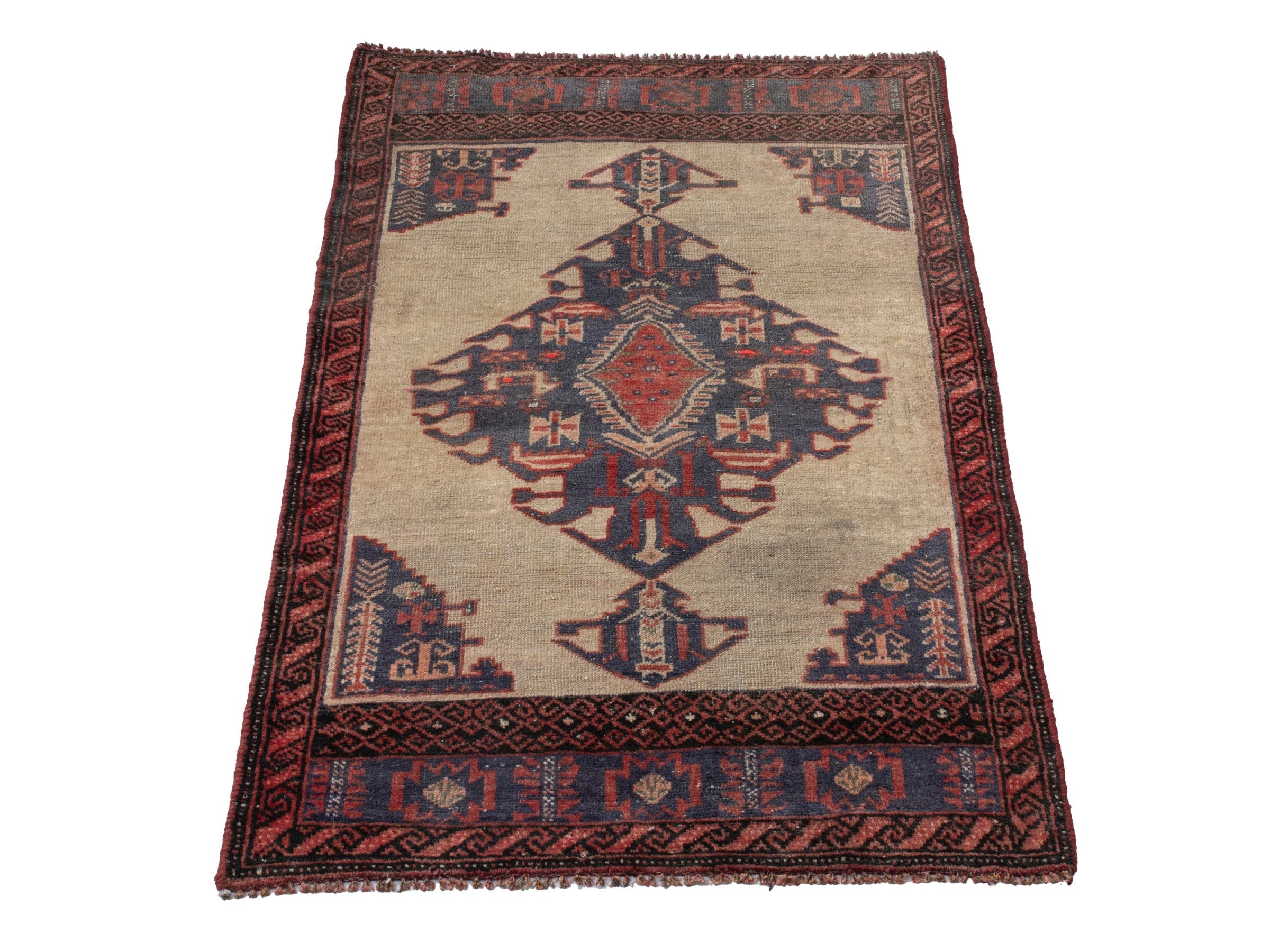 Persian Torkaman accent rug in cream and navy, view 2 of 17