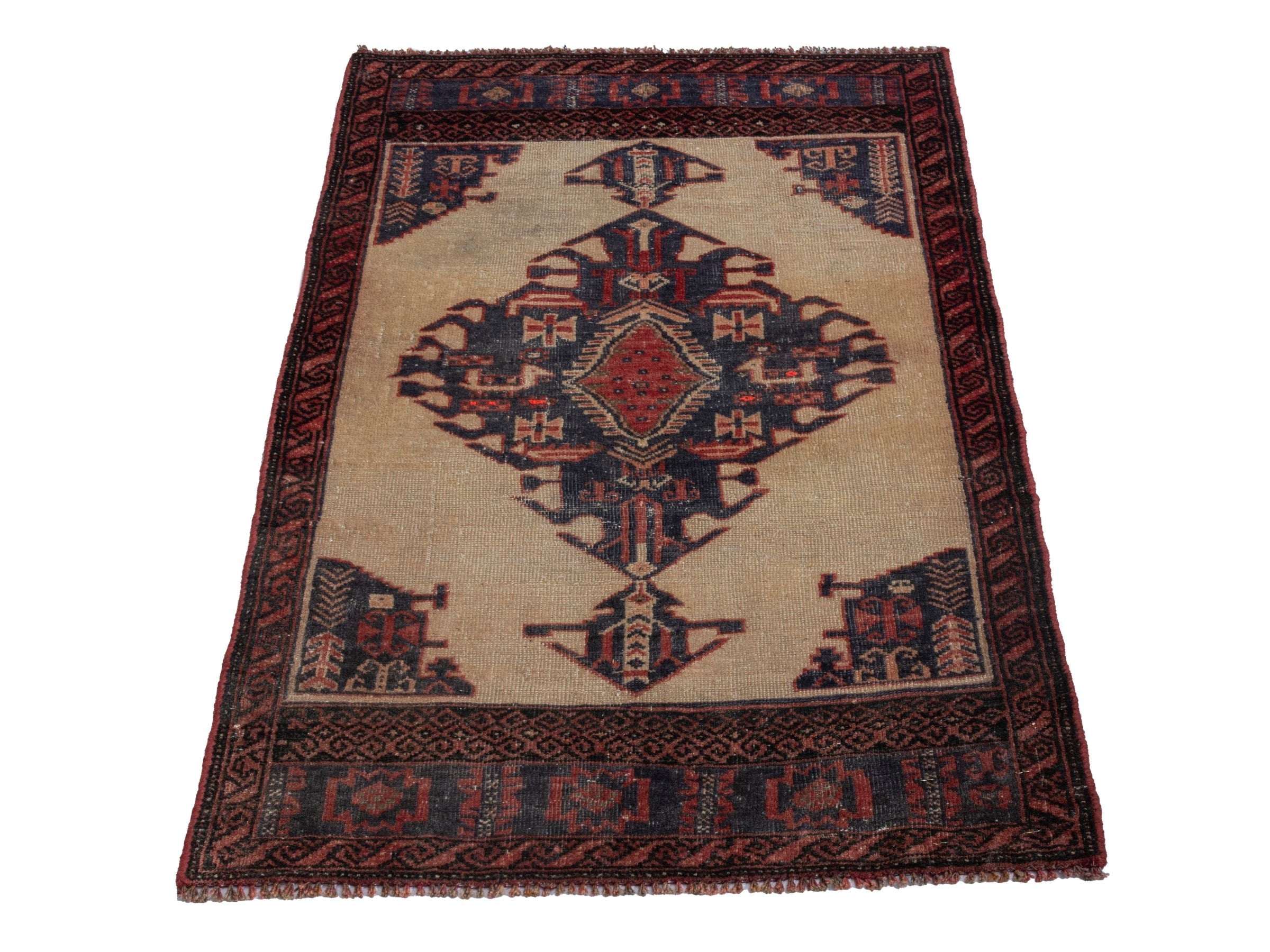 Persian Torkaman accent rug in cream and navy, view 3 of 17