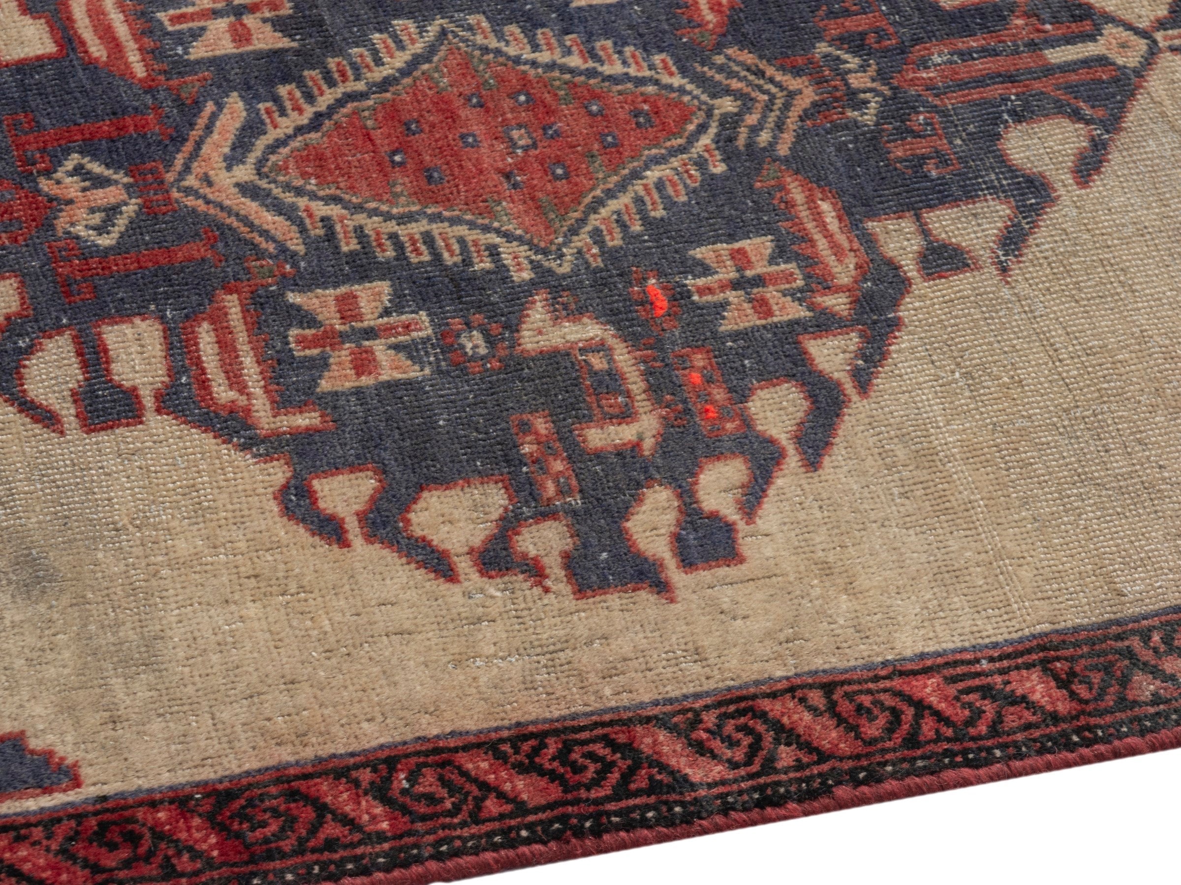Persian Torkaman accent rug in cream and navy, view 6 of 17