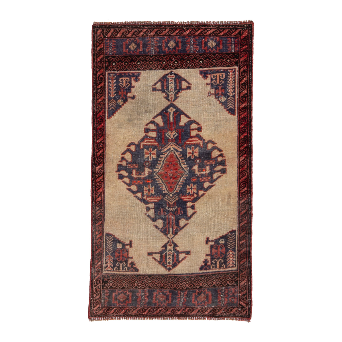 Persian Torkaman accent rug in cream and navy, 2'4" x 4'1"