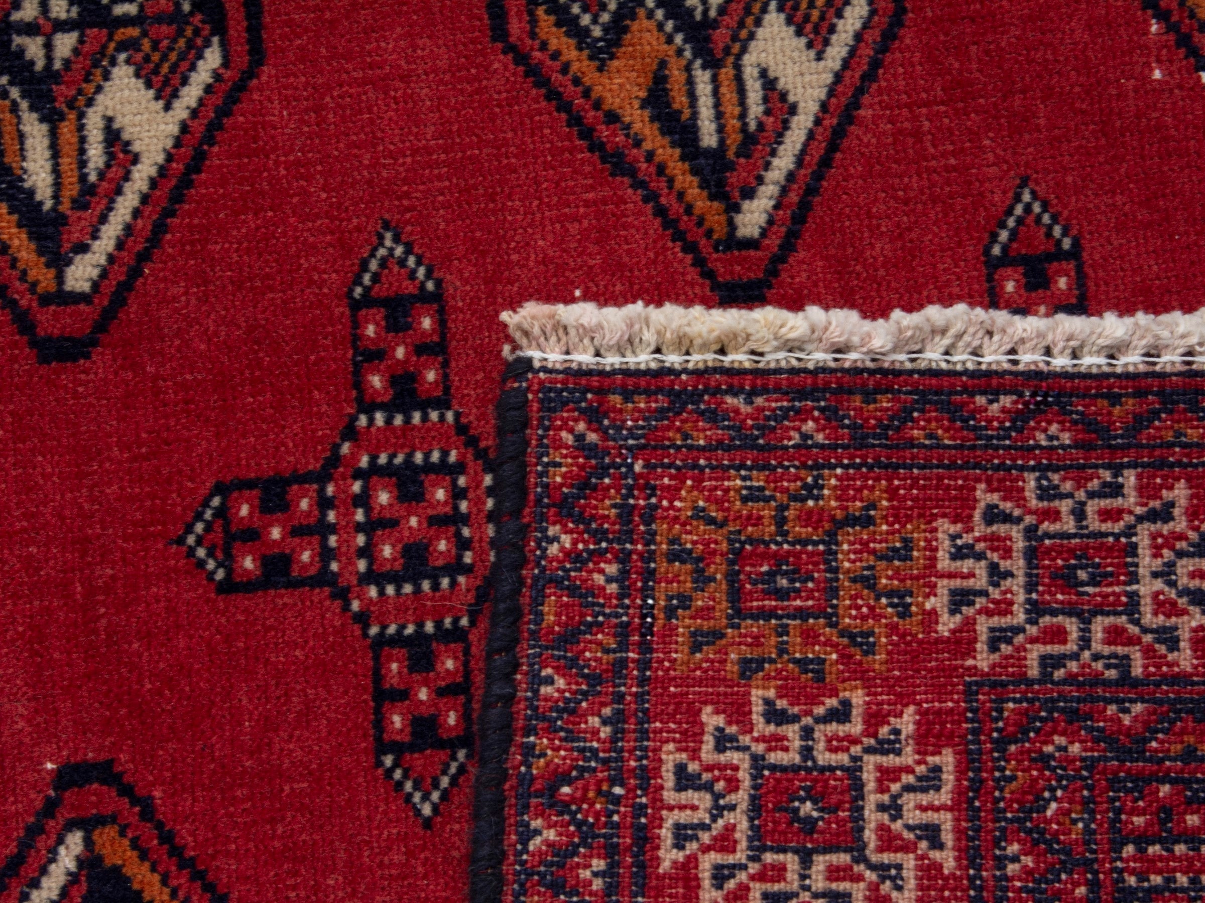 Persian Torkaman runner rug in deep red and cream, view 17 of 17