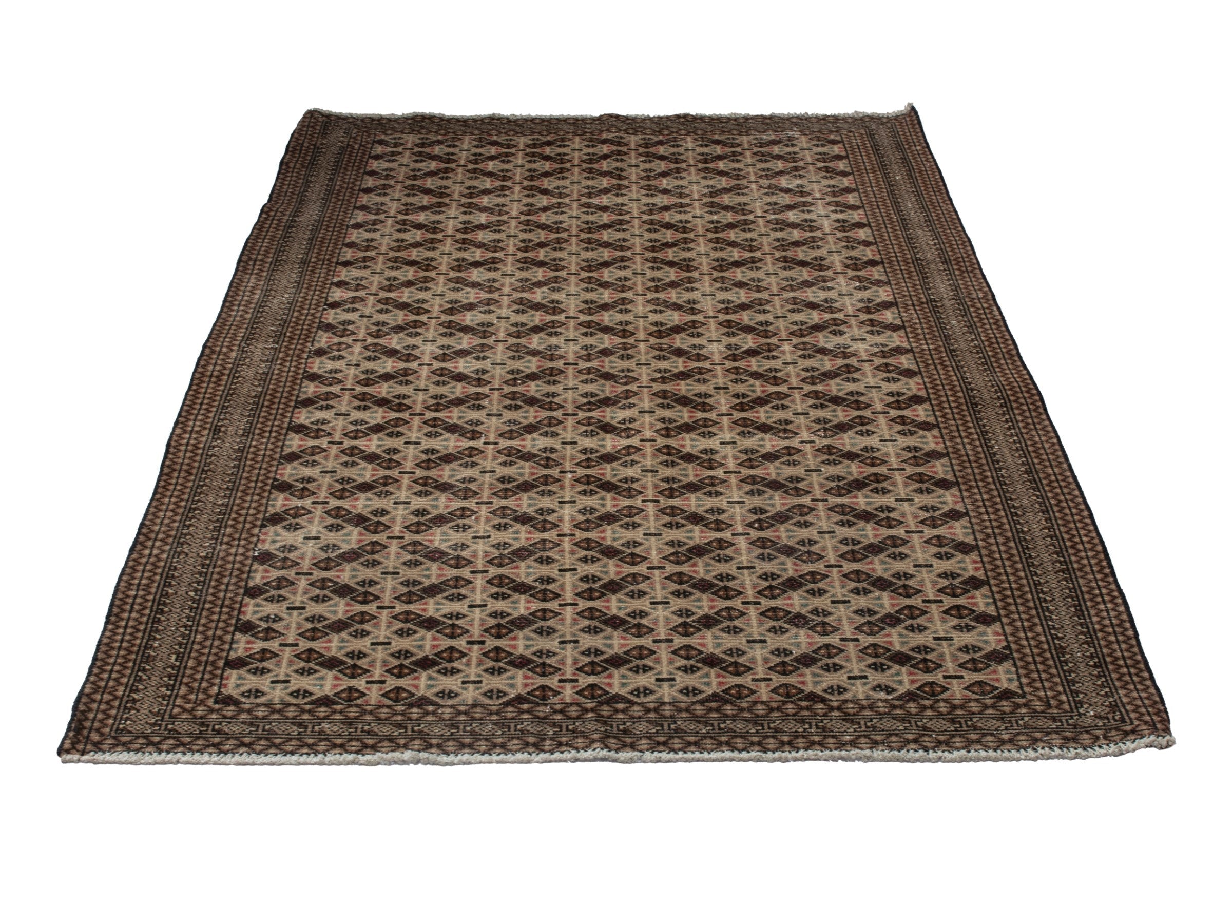 Persian Torkaman accent rug in cream and brown, view 2 of 19