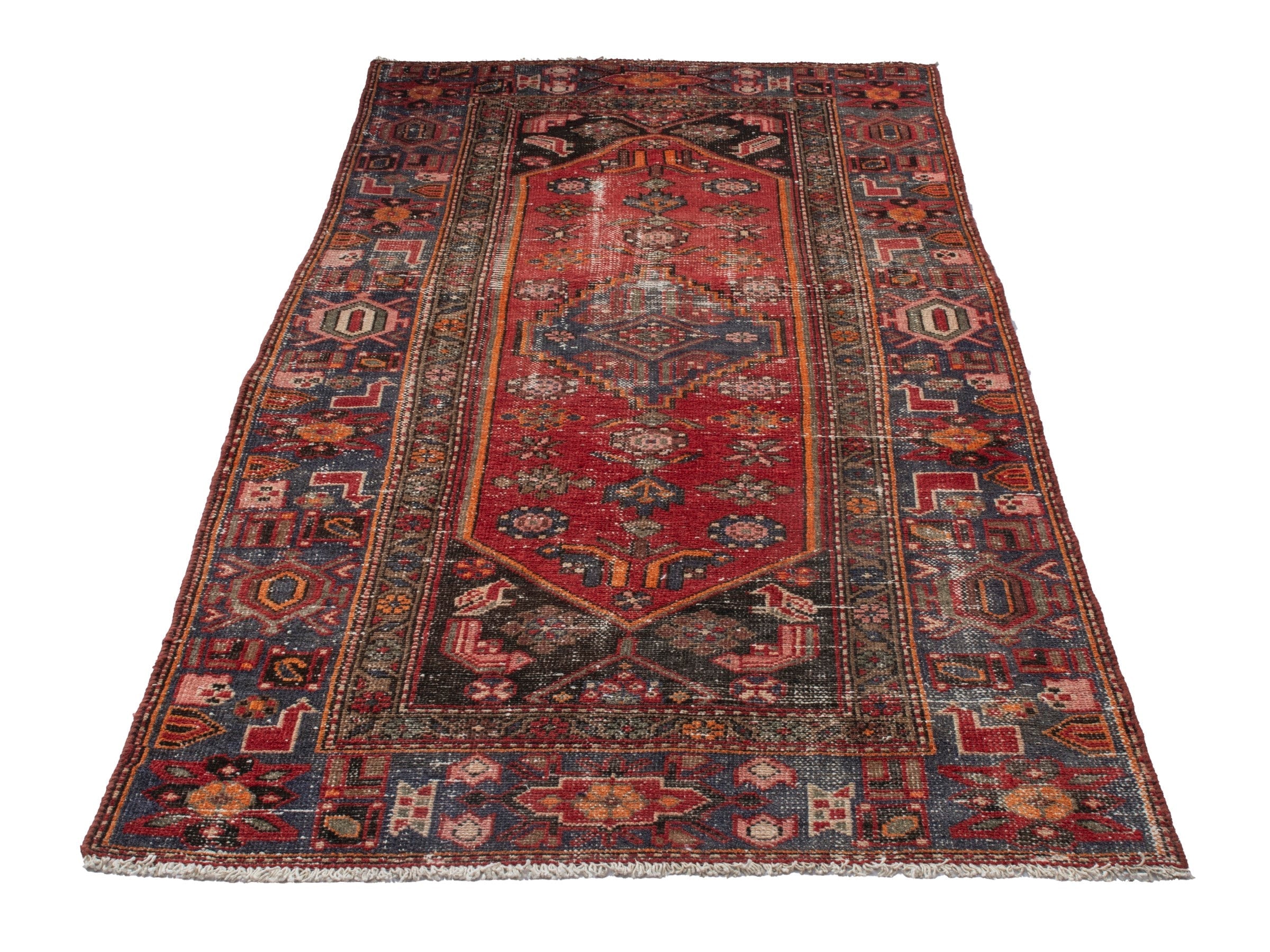 Persian Zanjan runner rug in deep red and dark blue, view 2 of 19