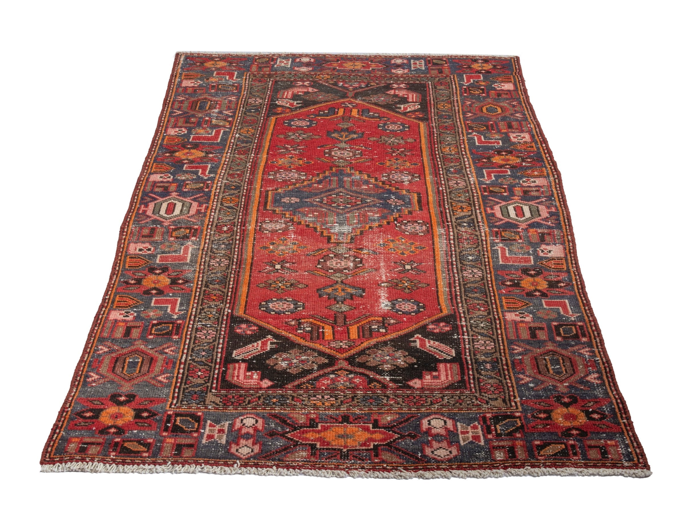Persian Zanjan runner rug in deep red and dark blue, view 3 of 19