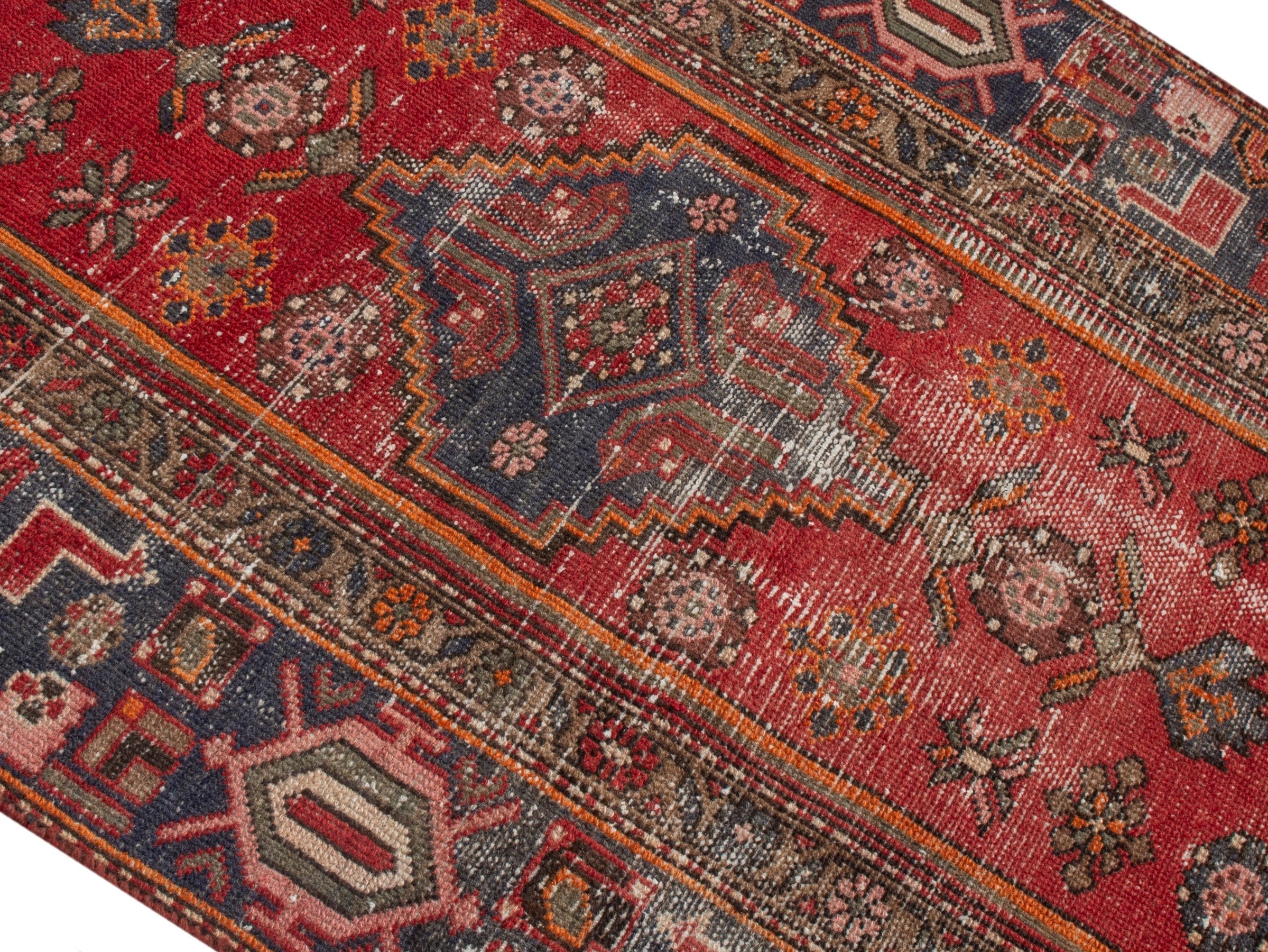 Persian Zanjan runner rug in deep red and dark blue, view 4 of 19