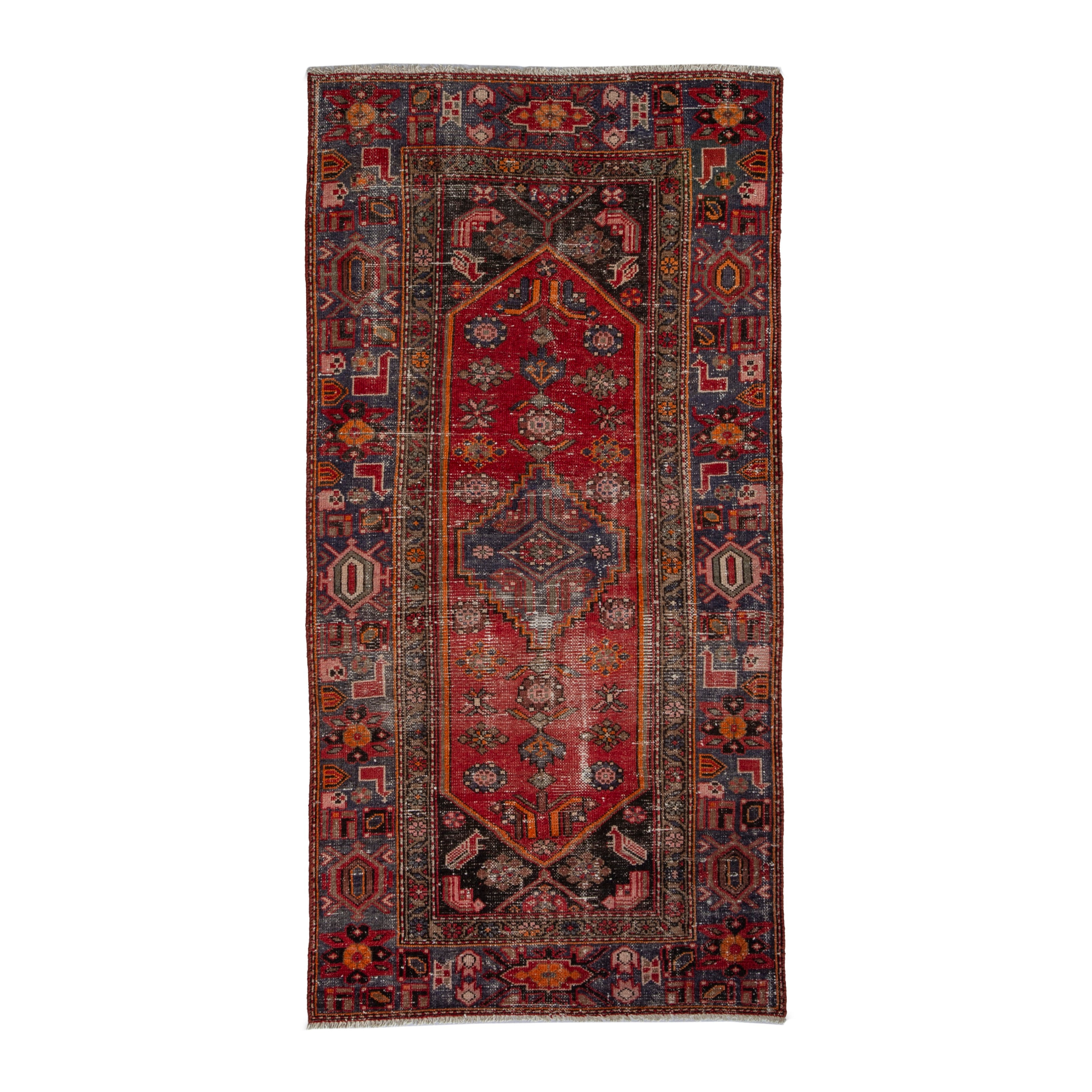 Persian Zanjan runner rug in deep red and dark blue, 3'5" x 7'1"