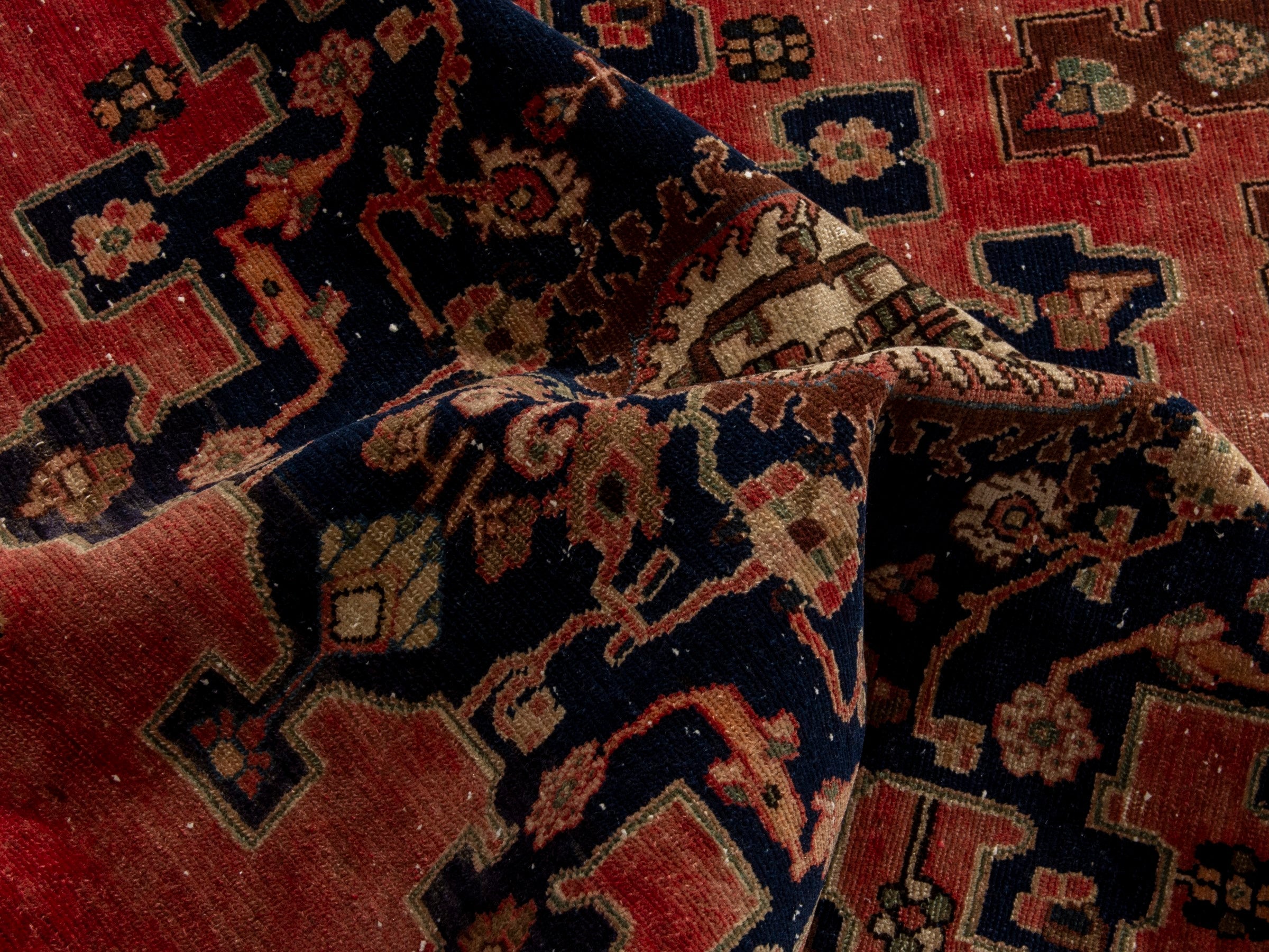 Persian Saveh accent rug in faded red and navy, view 18 of 24