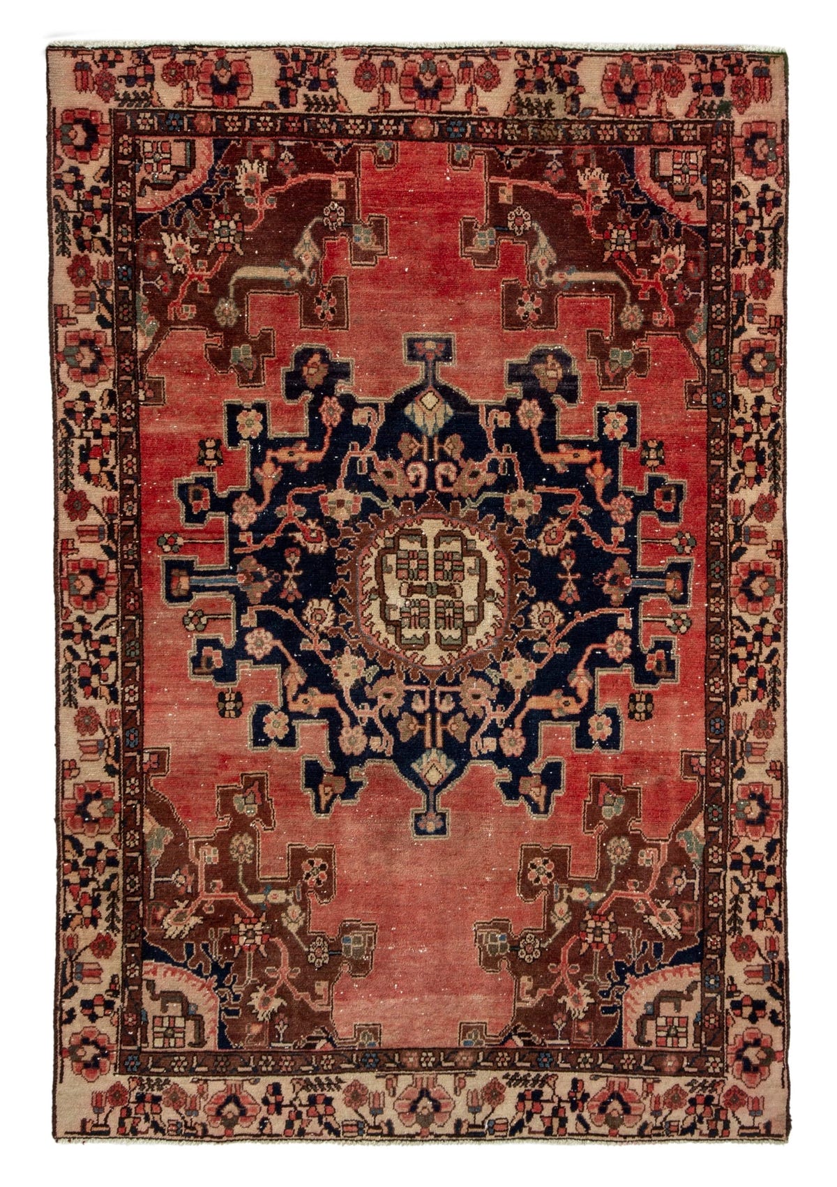 Persian Saveh accent rug in faded red and navy, view 2 of 25